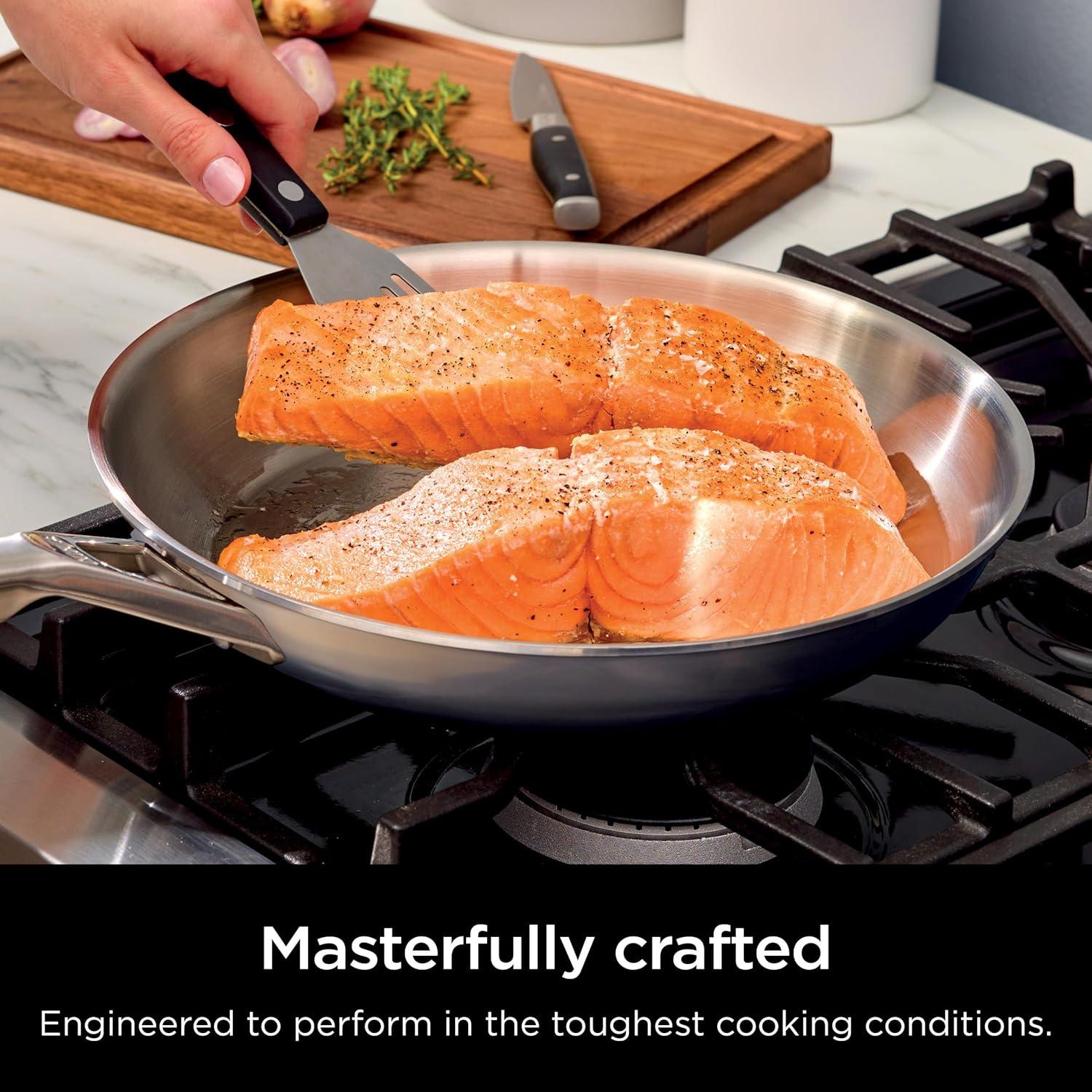 imageBundle of Ninja Everclad CommercialGrade Stainless Steel 12quot Fry Pan ampamp ProChef Wireless Meat Thermometer Probe for Indoor Cooking Bluetooth App Connection Flareup Resistant Waterproof US Only12 Fry Pan Wireless Probe