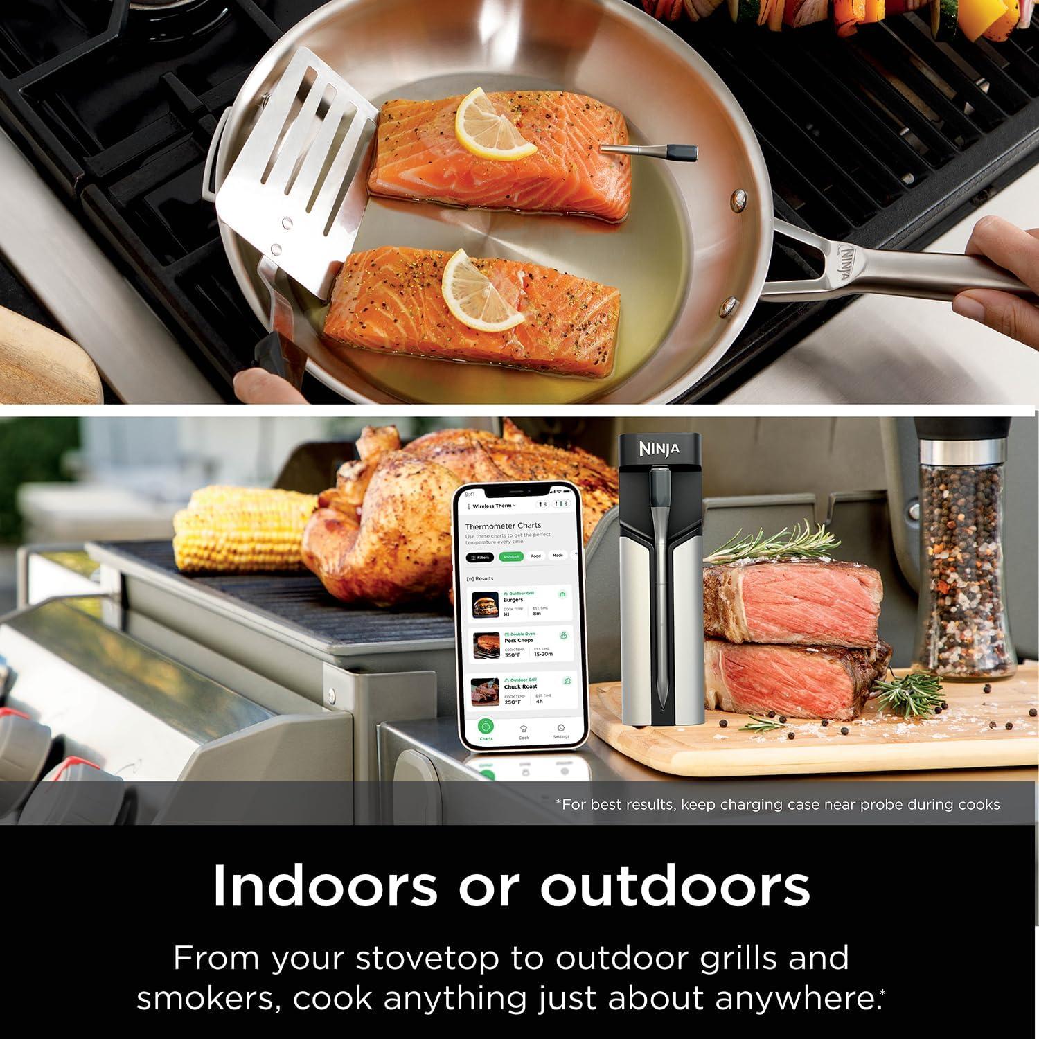 imageBundle of Ninja Everclad CommercialGrade Stainless Steel 12quot Fry Pan ampamp ProChef Wireless Meat Thermometer Probe for Indoor Cooking Bluetooth App Connection Flareup Resistant Waterproof US Only12 Fry Pan Wireless Probe