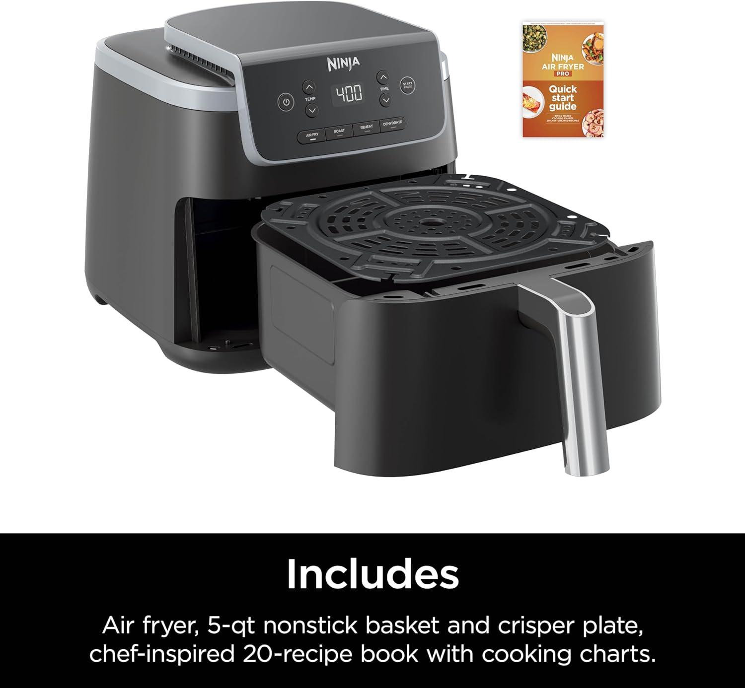 imageNinja Air Fryer 4in1 Pro Air Fry Roast Reheat Dehydrate 5QT Capacity fits up to 4lbs of French Fries 400F Max Temp Nonstick Basket ampamp Crisper Plate 120V Grey AF1415 QT