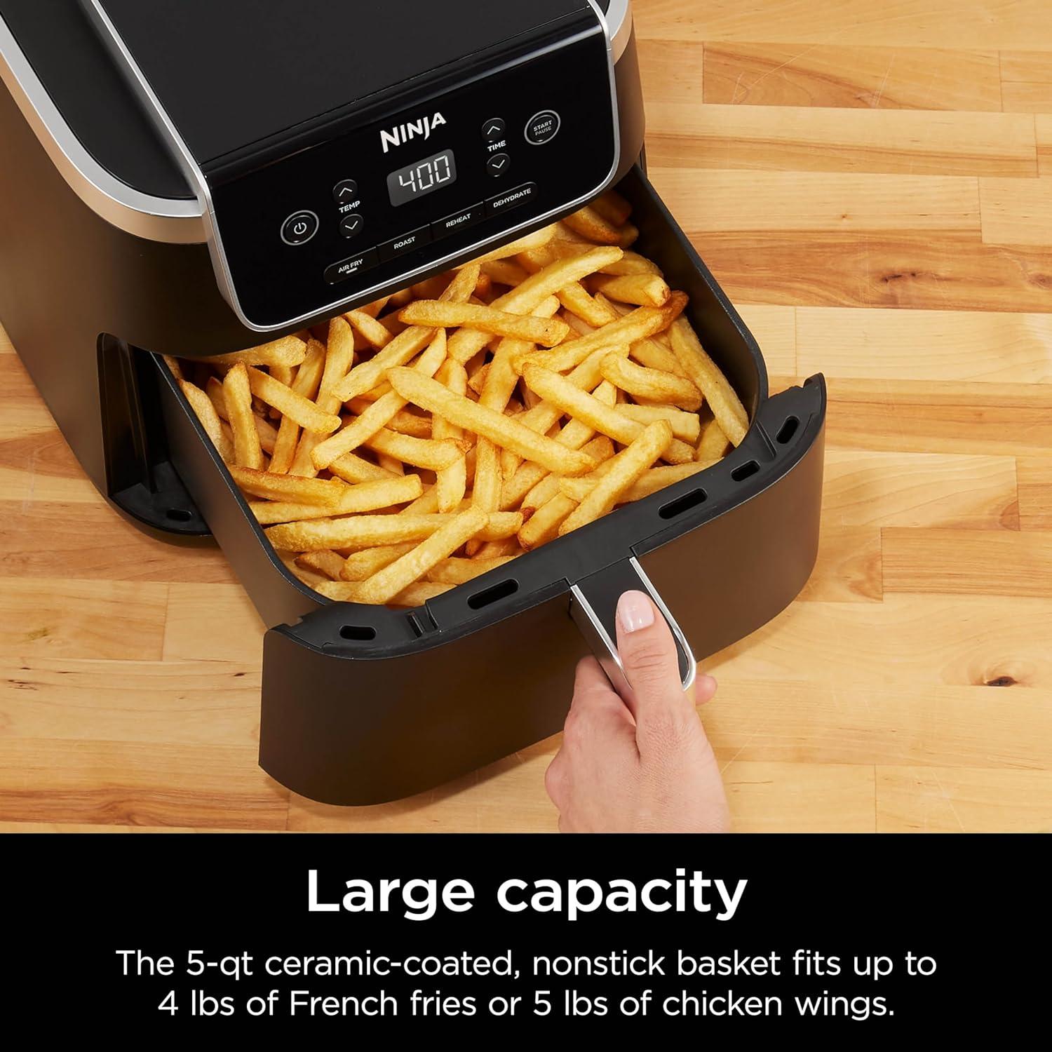imageNinja Air Fryer 4in1 Pro Air Fry Roast Reheat Dehydrate 5QT Capacity fits up to 4lbs of French Fries 400F Max Temp Nonstick Basket ampamp Crisper Plate 120V Grey AF1415 QT