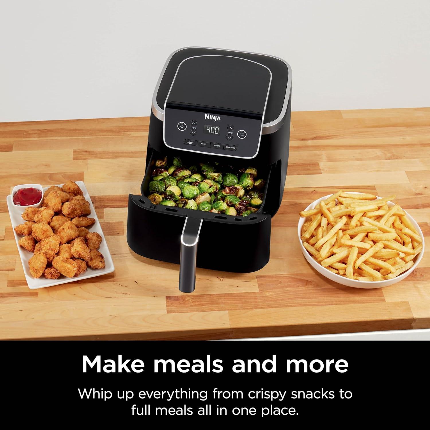 imageNinja Air Fryer 4in1 Pro Air Fry Roast Reheat Dehydrate 5QT Capacity fits up to 4lbs of French Fries 400F Max Temp Nonstick Basket ampamp Crisper Plate 120V Grey AF1415 QT