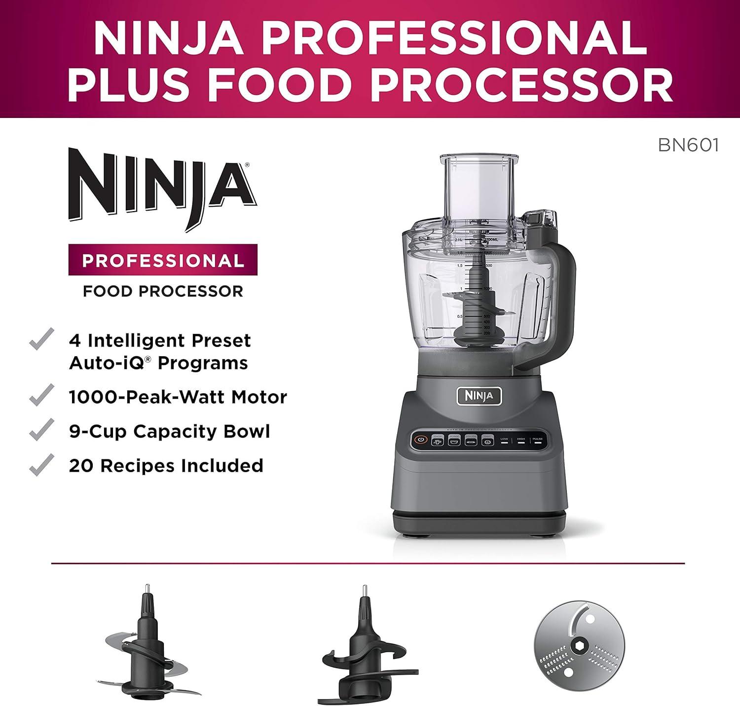 imageNinja BN601 Professional Plus Food Processor 1000PeakWatts with AutoiQ Preset Programs Chop Puree Dough Slice Shred with a 9Cup Capacity and a Silver Stainless Finish Renewed