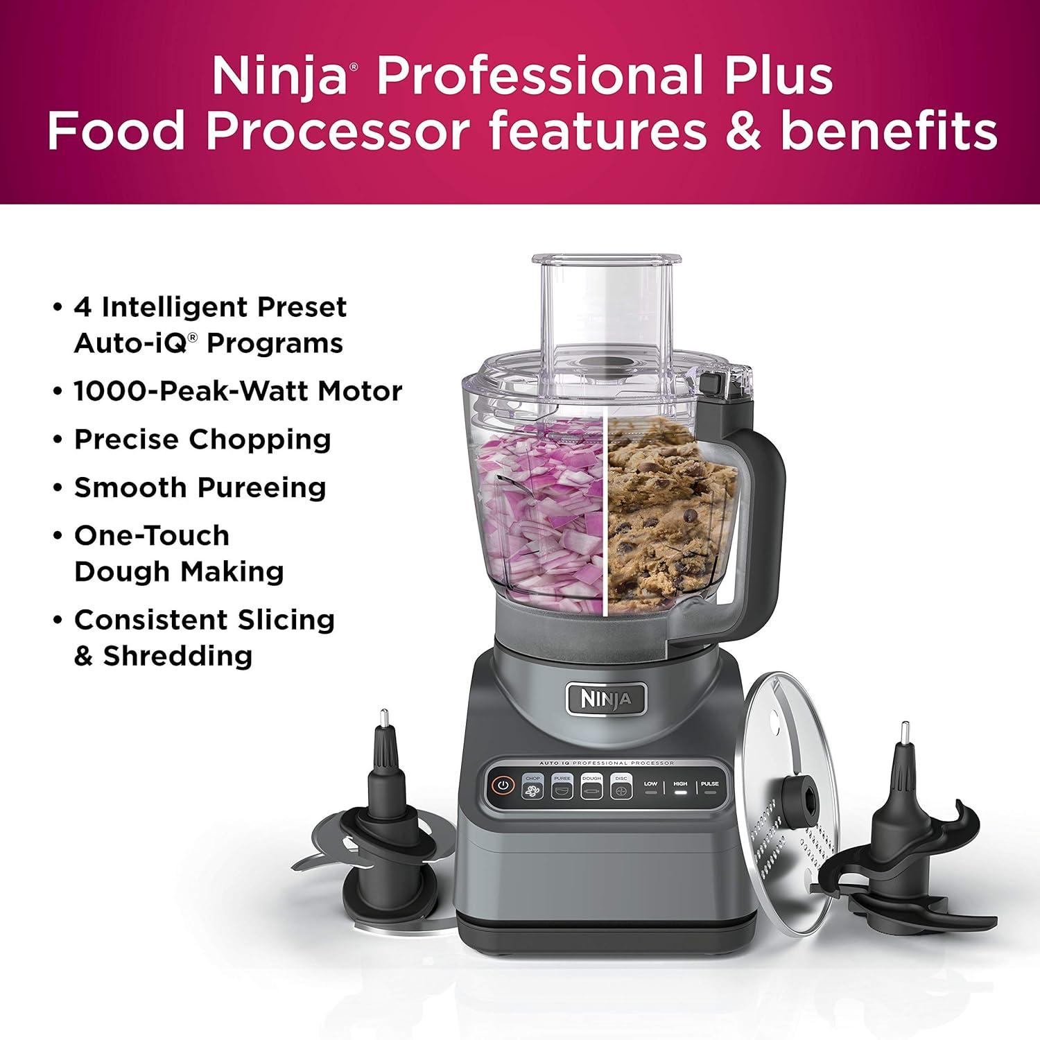 imageNinja BN601 Professional Plus Food Processor 1000PeakWatts with AutoiQ Preset Programs Chop Puree Dough Slice Shred with a 9Cup Capacity and a Silver Stainless Finish Renewed