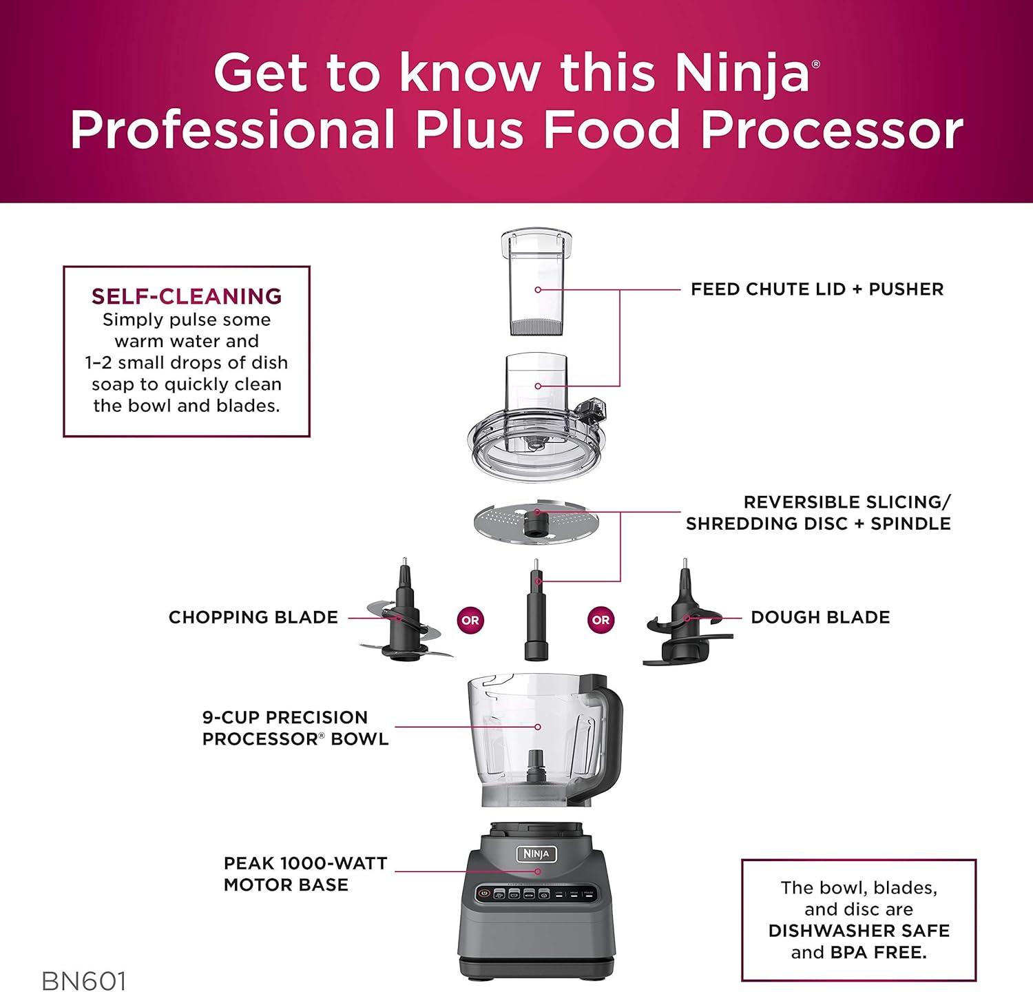 imageNinja BN601 Professional Plus Food Processor 1000PeakWatts with AutoiQ Preset Programs Chop Puree Dough Slice Shred with a 9Cup Capacity and a Silver Stainless Finish Renewed