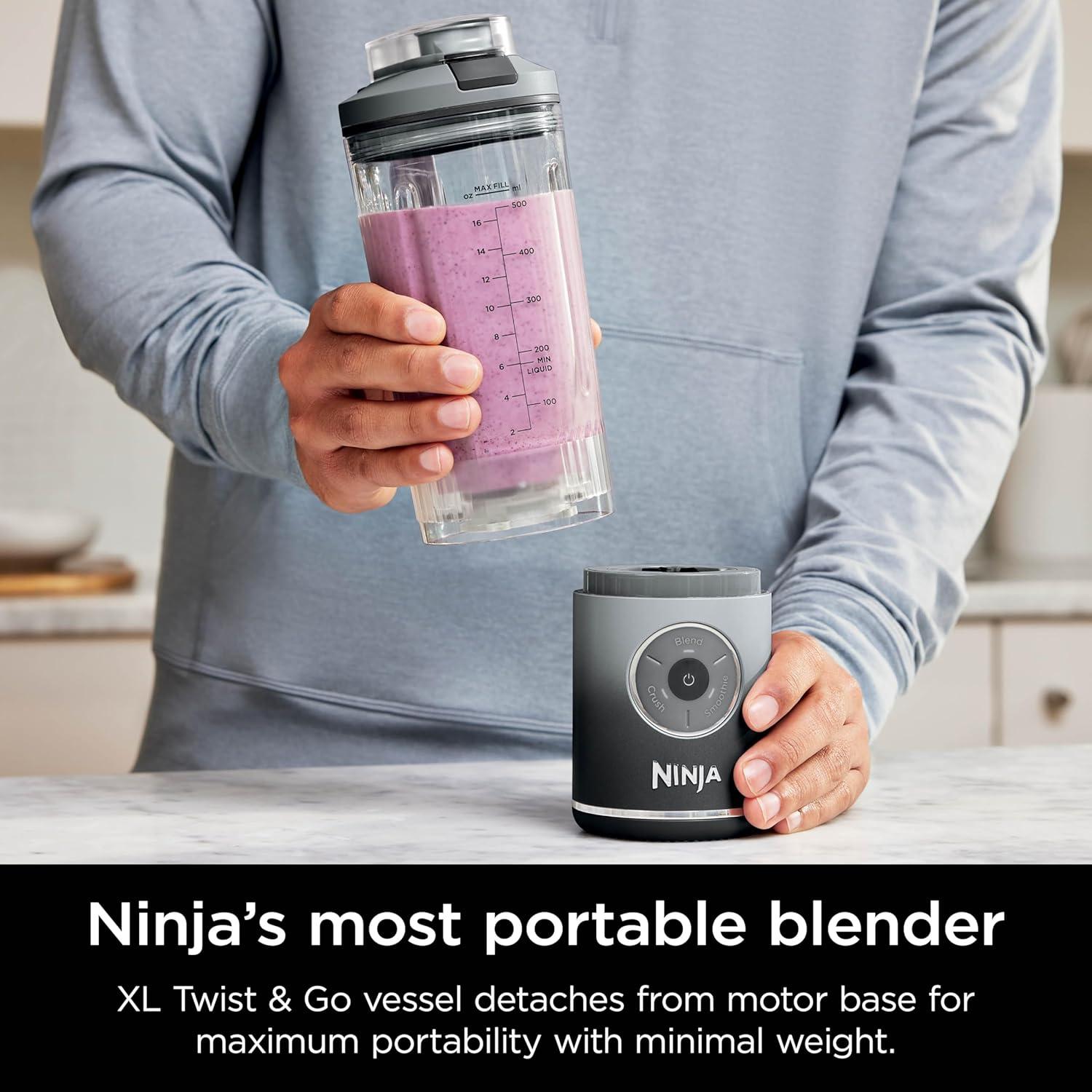 imageNinja Blast Max Portable ampamp Personal Blender Twist ampamp Go Smoothie Blend Ice Crush 3 Programs Cordless 22 oz removable Vessel Dishwasher Safe Leakproof Grey BC251GYGray
