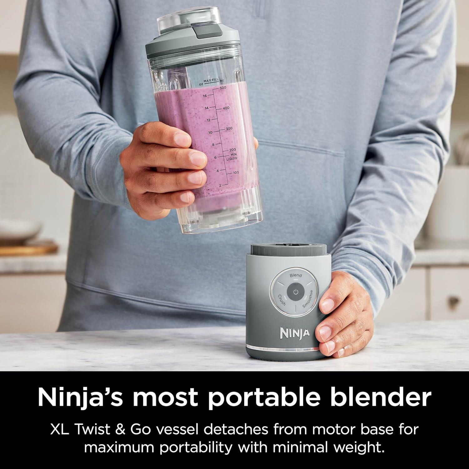 imageNinja Blast Max Portable ampamp Personal Blender Twist ampamp Go Smoothie Blend Ice Crush 3 Programs Cordless 22 oz removable Vessel Dishwasher Safe Leakproof Grey BC251GYSilver