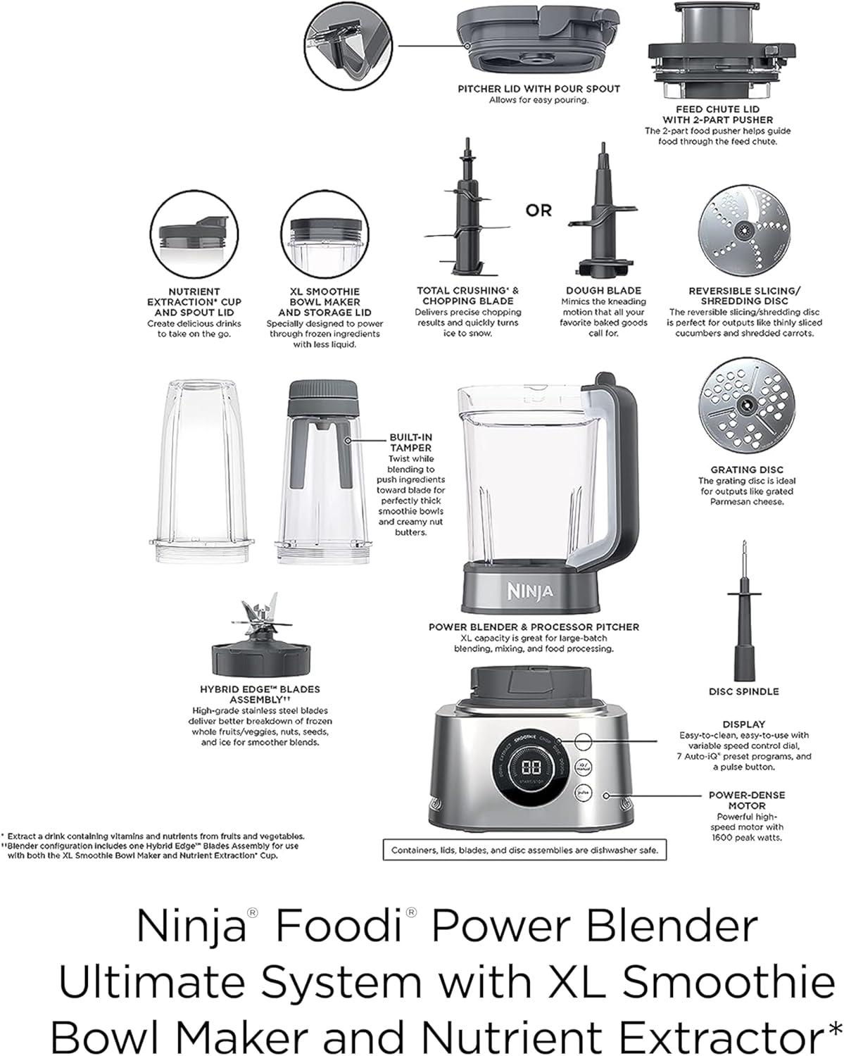 imageNinja Blender ampamp Food Processor Combo Foodi Power Blender System for Smoothies Bowls Spreads ampamp Shakes 6 Functions 72oz Pitcher ToGo Cups Silver SS4011600 Peak Watts