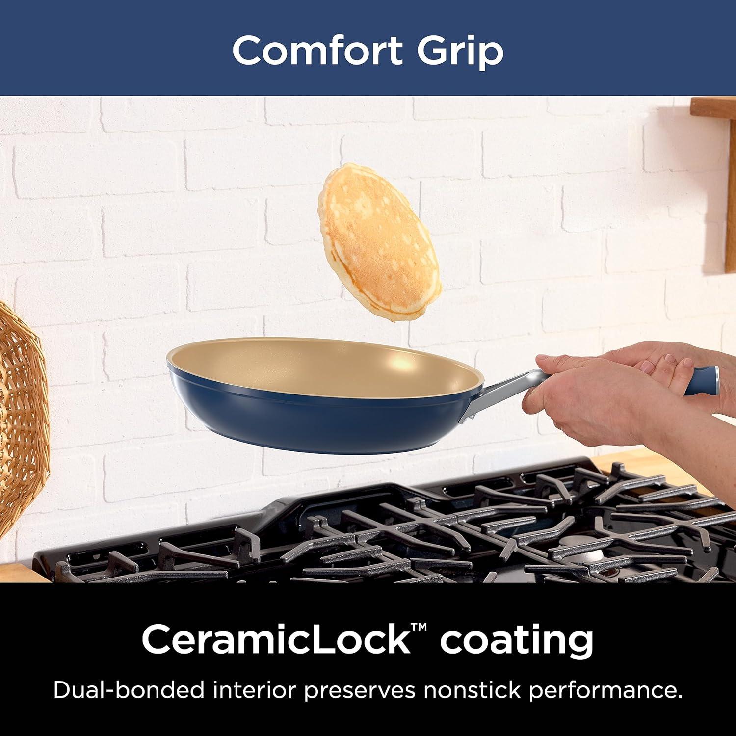 imageNinja Ceramic Cookware Set Extended Life 11Piece Kitchen Cookware Sets with Comfort Grip Nonstick Fry Pans Pots PTFE Free Oven ampamp Dishwasher Safe Stovetop Compatible Navy Blue CW490118 Blue Fry Pan