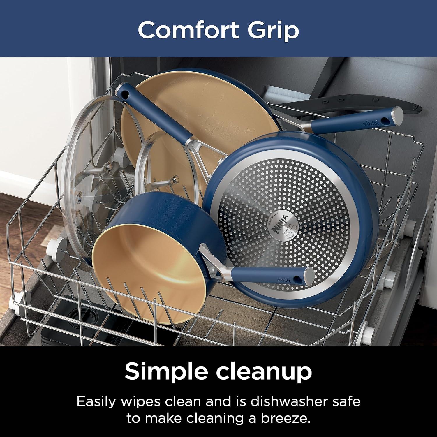 imageNinja Ceramic Cookware Set Extended Life 11Piece Kitchen Cookware Sets with Comfort Grip Nonstick Fry Pans Pots PTFE Free Oven ampamp Dishwasher Safe Stovetop Compatible Navy Blue CW490118 Blue Fry Pan