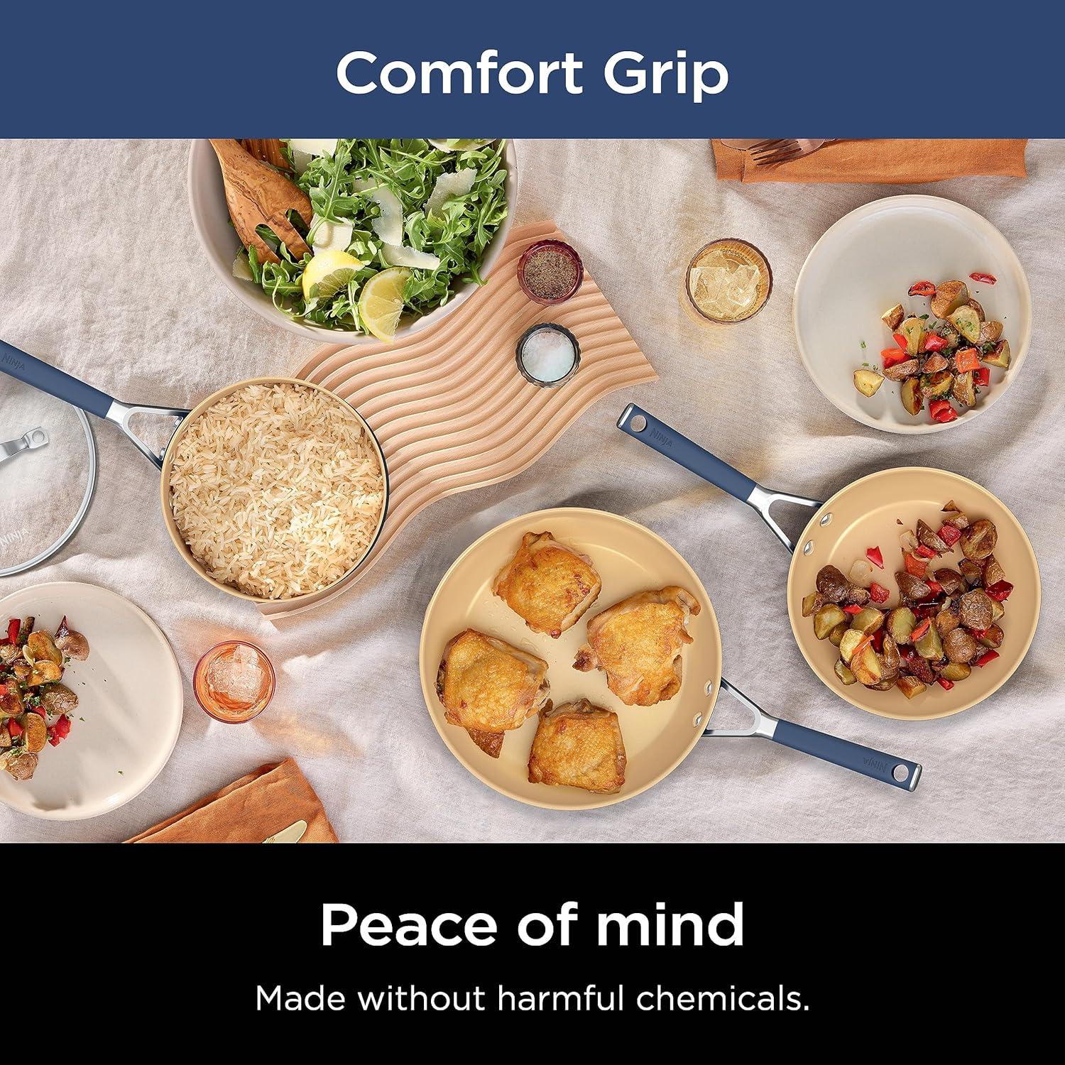 imageNinja Ceramic Cookware Set Extended Life 11Piece Kitchen Cookware Sets with Comfort Grip Nonstick Fry Pans Pots PTFE Free Oven ampamp Dishwasher Safe Stovetop Compatible Navy Blue CW490118 Blue Fry Pan