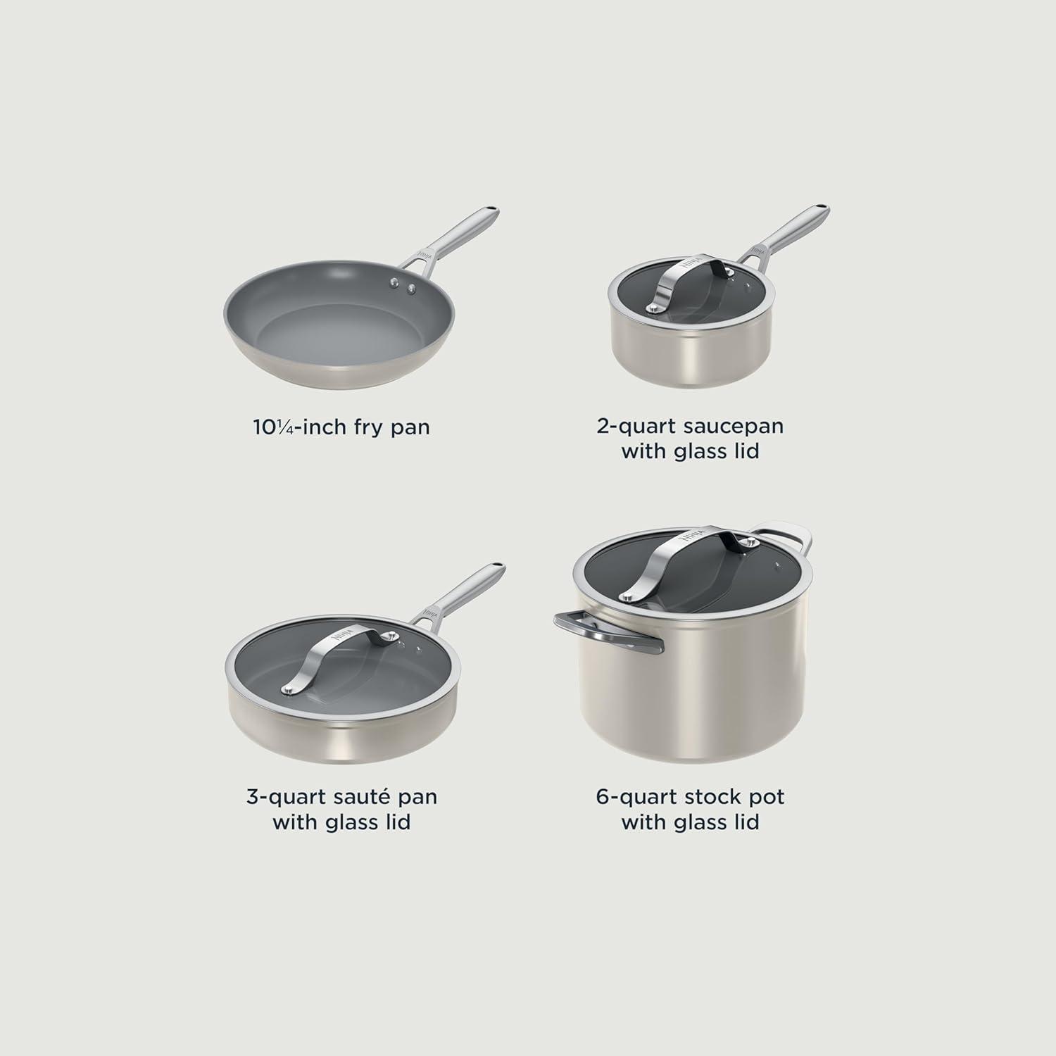 imageNinja Ceramic Pro 11Piece Cookware Set NonStick Pots ampamp Pans Set with Glass Lids Nontoxic PTFE Free Ceramic Coated Oven Safe All Stovetops ampamp Induction Compatible Black CW39011BKStone