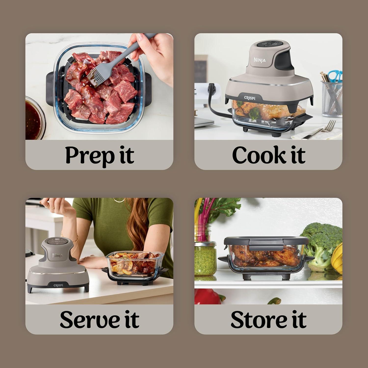 imageNinja Crispi 4in1 Portable Glass Air Fryer Cooking System 1500W 4QT ampamp 6Cup TempWare Glass Containers with Storage Lids Microwave Freezer ampamp Dishwasher Safe Cyberspace Gray FN101GYStone