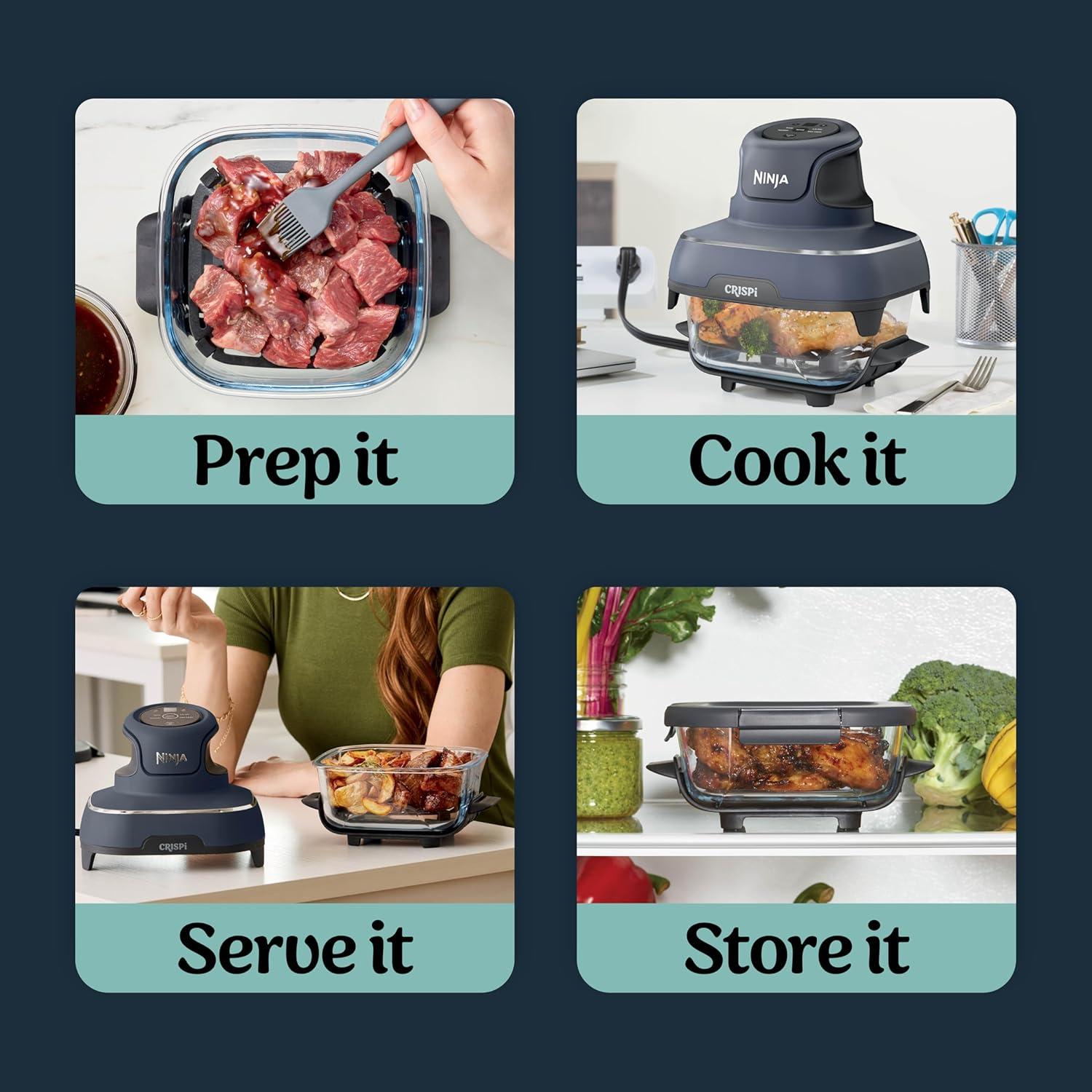 imageNinja Crispi 4in1 Portable Glass Air Fryer Cooking System 1500W 4QT ampamp 6Cup TempWare Glass Containers with Storage Lids Microwave Freezer ampamp Dishwasher Safe Cyberspace Gray FN101GYNavy