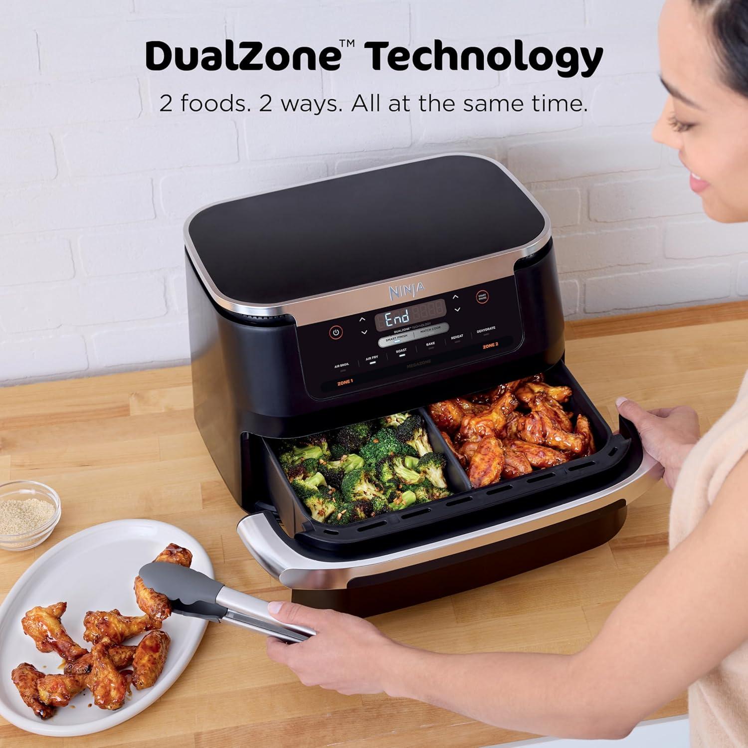 imageNinja DZ201 Foodi 8 Quart 6in1 DualZone 2Basket Air Fryer with 2 Independent Frying Baskets Match Cook ampamp Smart Finish to Roast Broil Dehydrate ampamp More for Quick Easy Meals Grey7QT BLACK