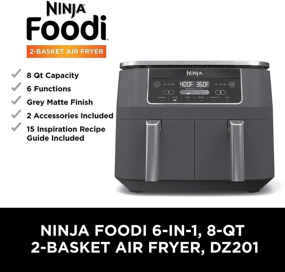 imageNinja DZ201 Foodi 8 Quart 6in1 DualZone 2Basket Air Fryer with 2 Independent Frying Baskets Match Cook ampamp Smart Finish to Roast Broil Dehydrate ampamp More for Quick Easy Meals Grey8QT GREY