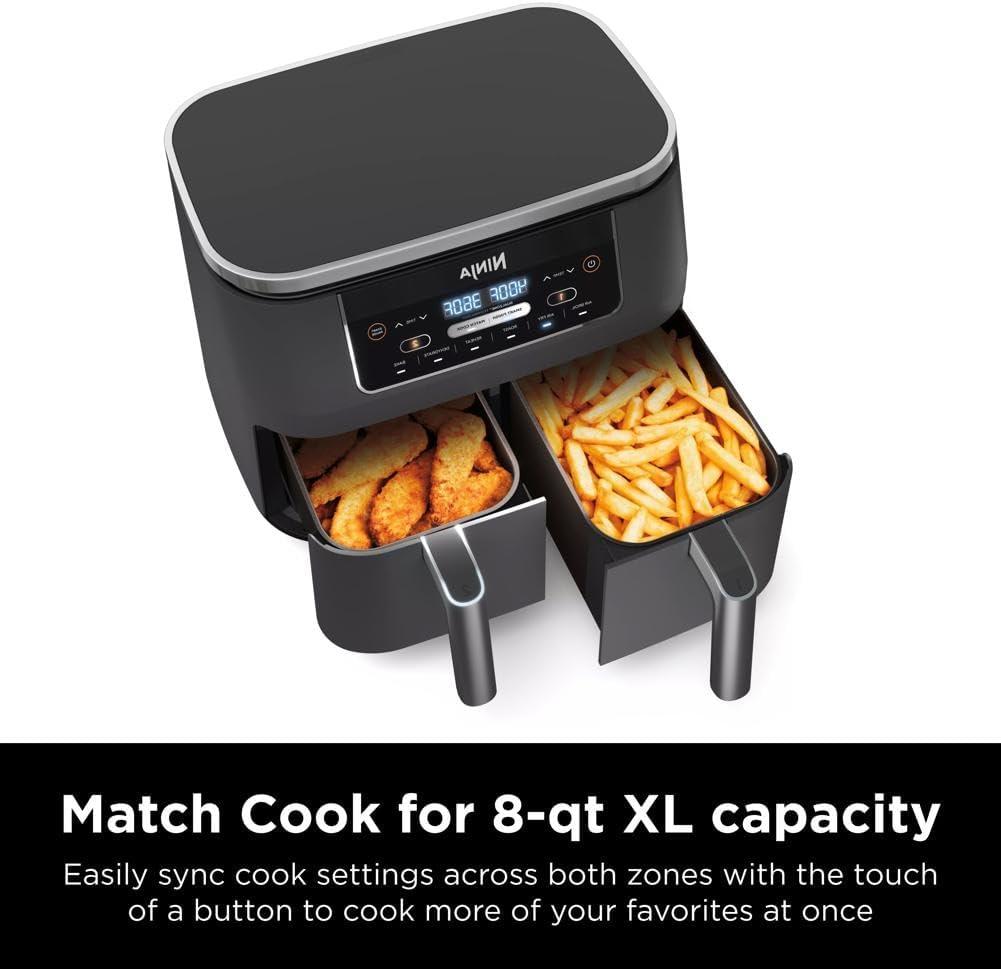 imageNinja DZ201 Foodi 8 Quart 6in1 DualZone 2Basket Air Fryer with 2 Independent Frying Baskets Match Cook ampamp Smart Finish to Roast Broil Dehydrate ampamp More for Quick Easy Meals Grey8QT GREY
