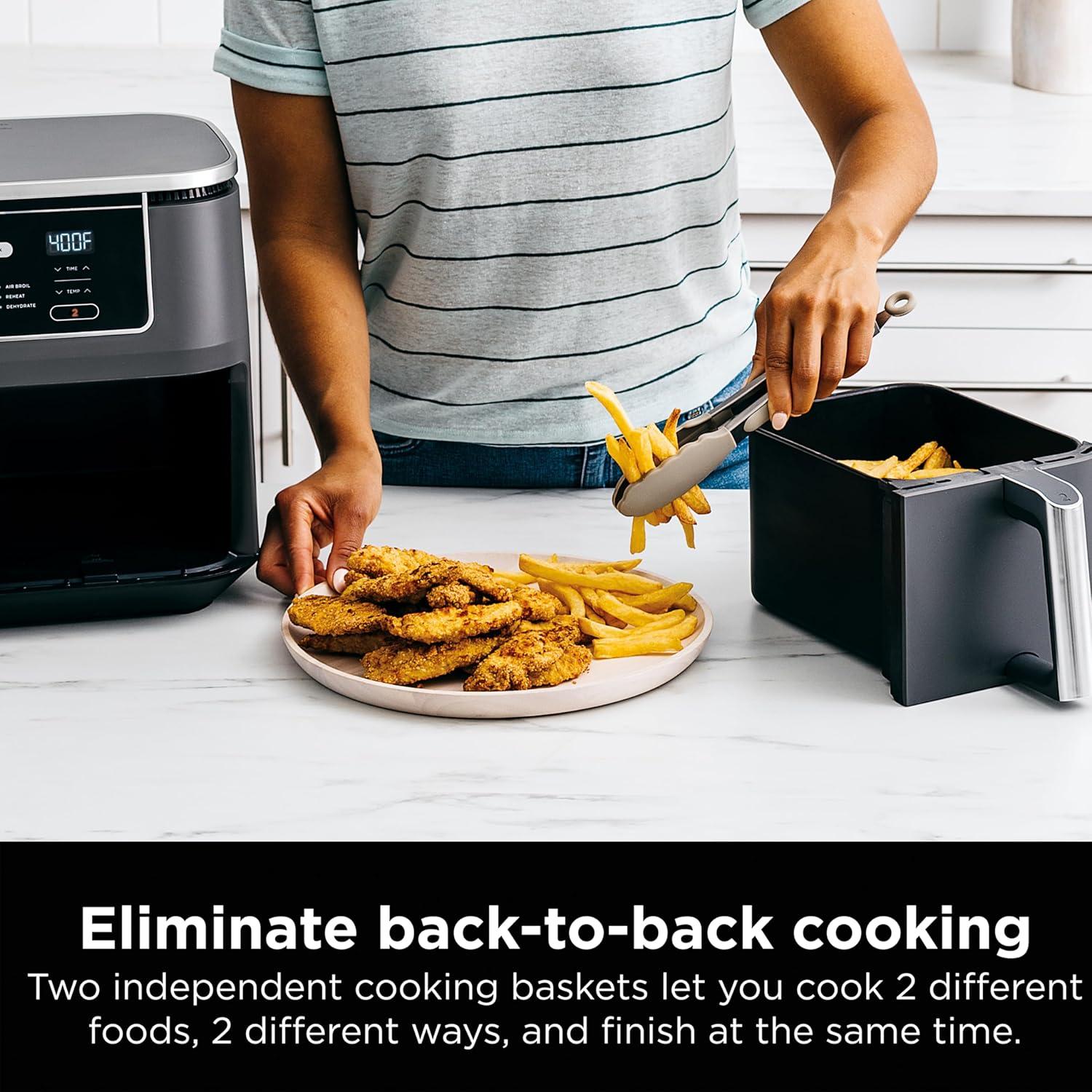 imageNinja DZ201 Foodi 8 Quart 6in1 DualZone 2Basket Air Fryer with 2 Independent Frying Baskets Match Cook ampamp Smart Finish to Roast Broil Dehydrate ampamp More for Quick Easy Meals Grey10QT GREY