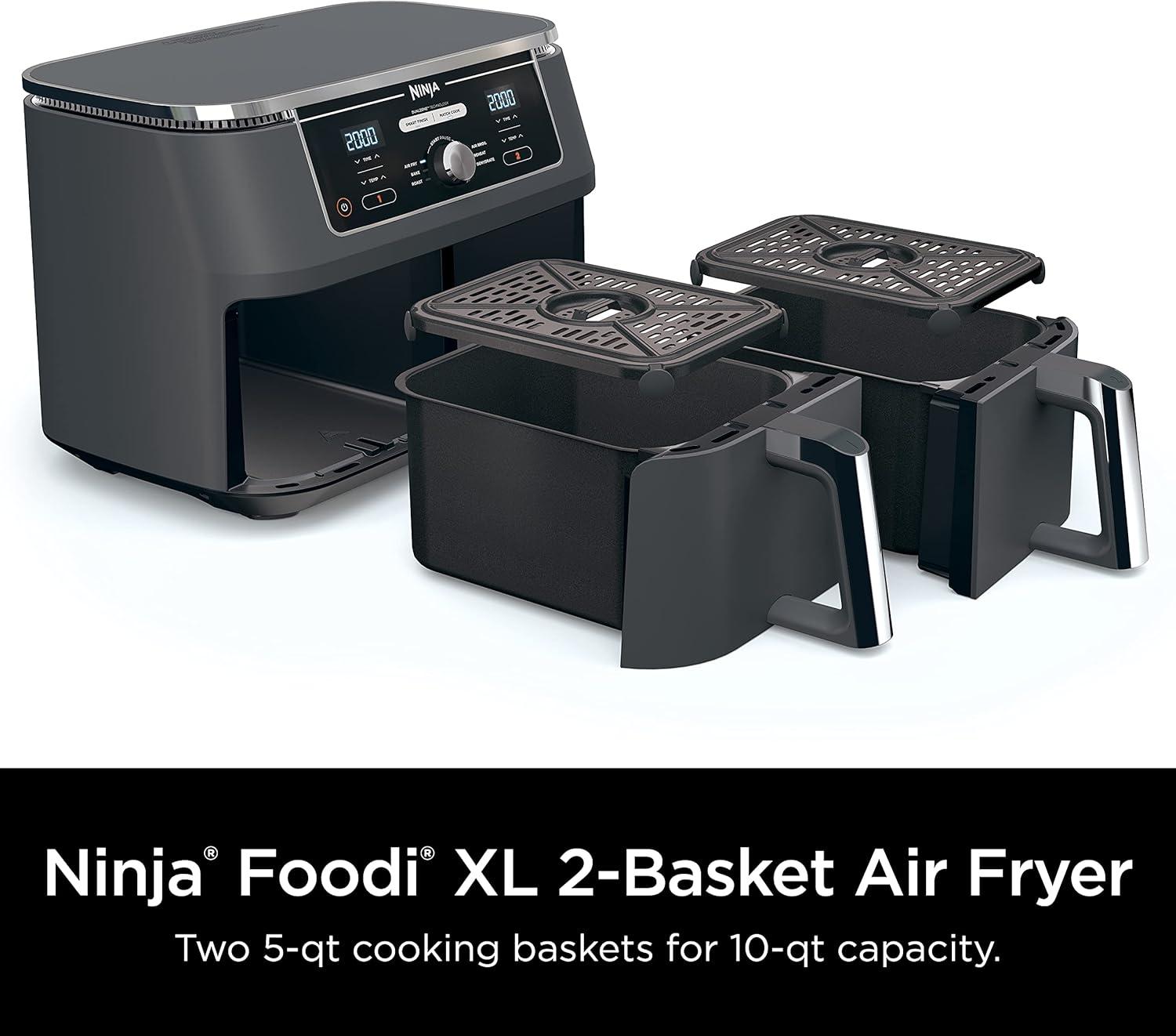 imageNinja DZ201 Foodi 8 Quart 6in1 DualZone 2Basket Air Fryer with 2 Independent Frying Baskets Match Cook ampamp Smart Finish to Roast Broil Dehydrate ampamp More for Quick Easy Meals Grey10QT GREY