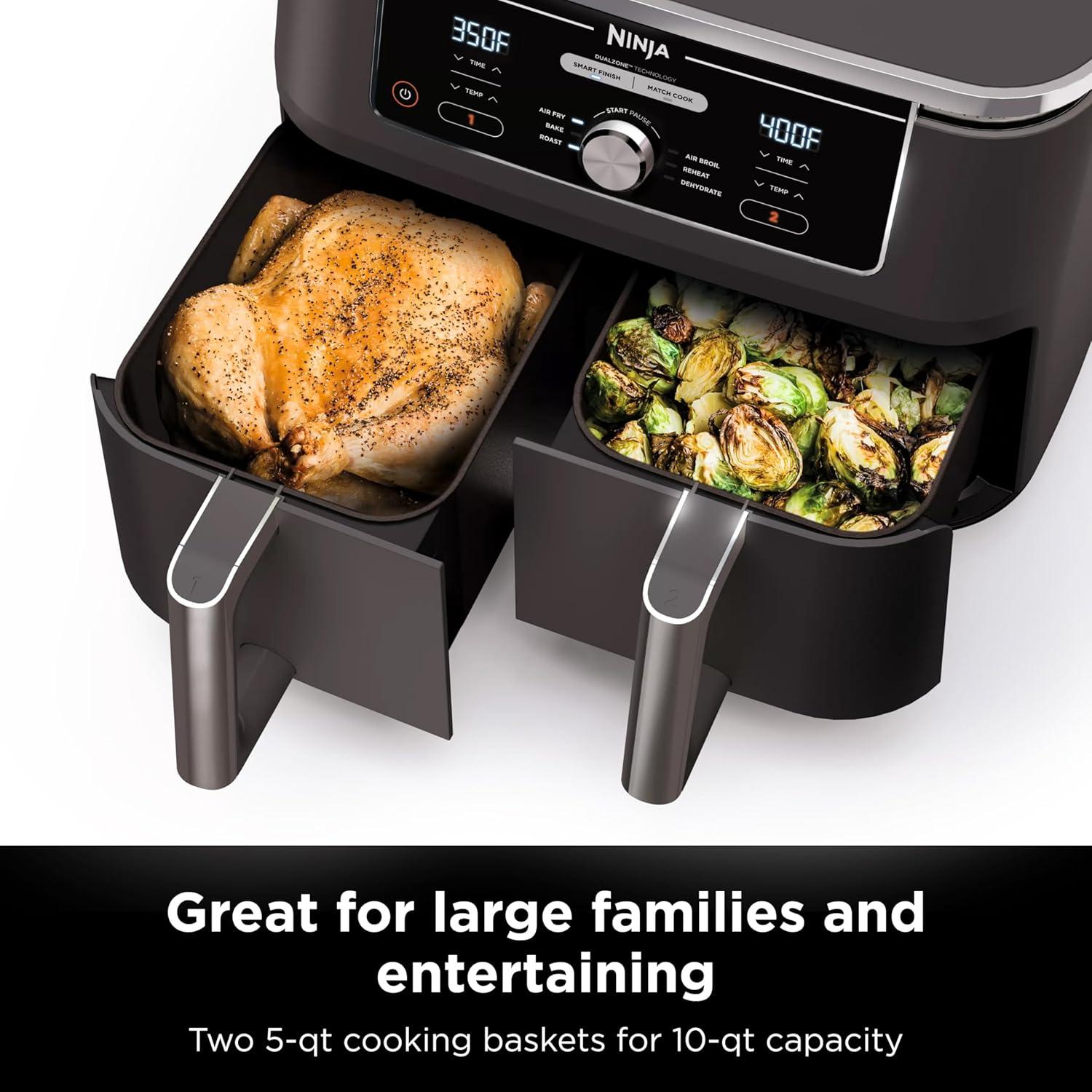 imageNinja DZ201 Foodi 8 Quart 6in1 DualZone 2Basket Air Fryer with 2 Independent Frying Baskets Match Cook ampamp Smart Finish to Roast Broil Dehydrate ampamp More for Quick Easy Meals Grey10QT GREY