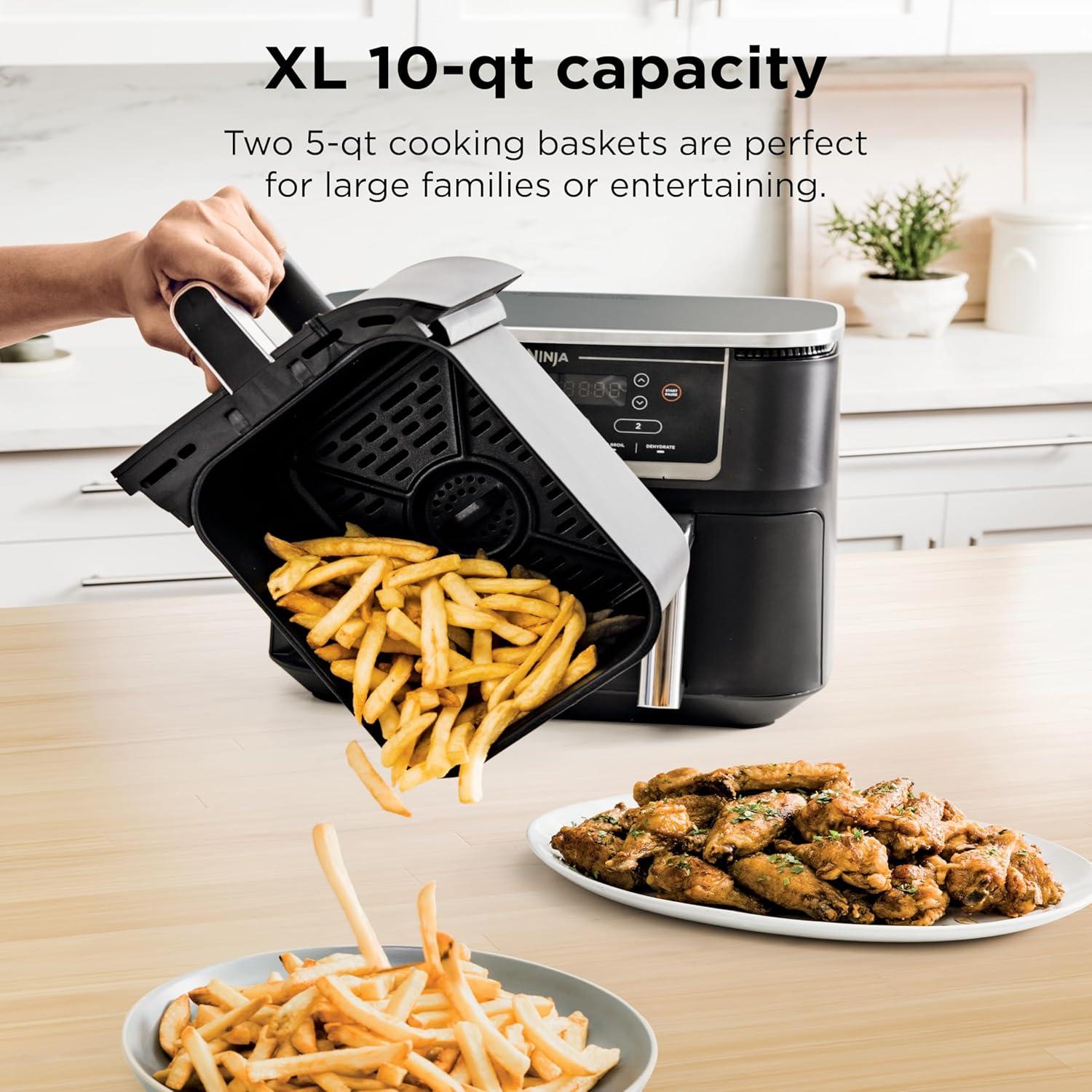 imageNinja DZ201 Foodi 8 Quart 6in1 DualZone 2Basket Air Fryer with 2 Independent Frying Baskets Match Cook ampamp Smart Finish to Roast Broil Dehydrate ampamp More for Quick Easy Meals Grey10QT wThermometer BLACK