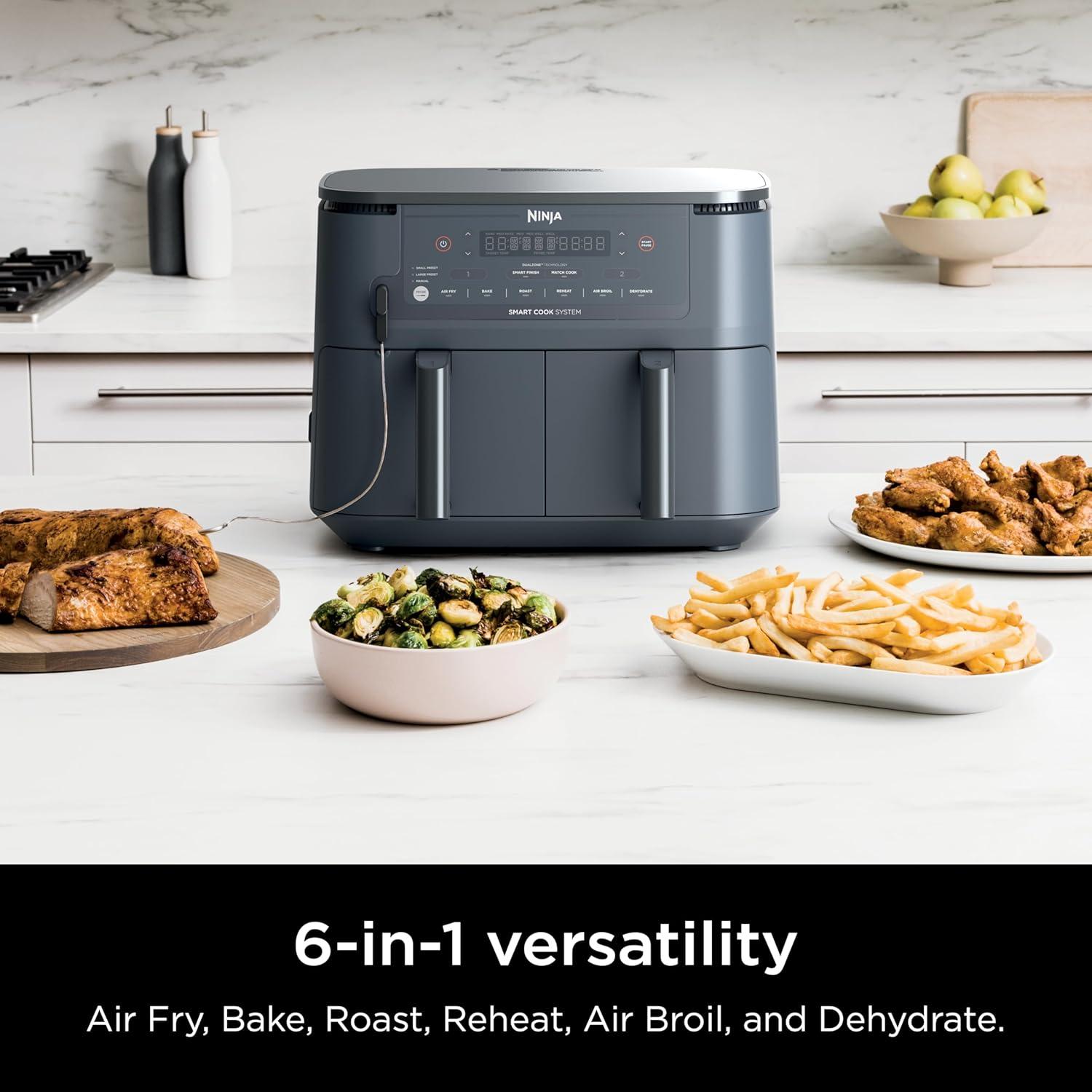 imageNinja DZ201 Foodi 8 Quart 6in1 DualZone 2Basket Air Fryer with 2 Independent Frying Baskets Match Cook ampamp Smart Finish to Roast Broil Dehydrate ampamp More for Quick Easy Meals Grey10QT wThermometer GREY