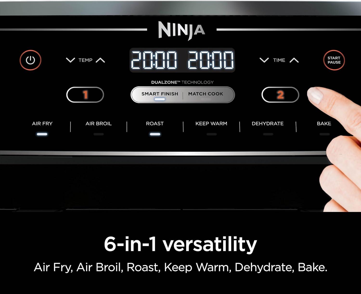 imageNinja DZ201 Foodi 8 Quart 6in1 DualZone 2Basket Air Fryer with 2 Independent Frying Baskets Match Cook ampamp Smart Finish to Roast Broil Dehydrate ampamp More for Quick Easy Meals Grey10QT BLACK