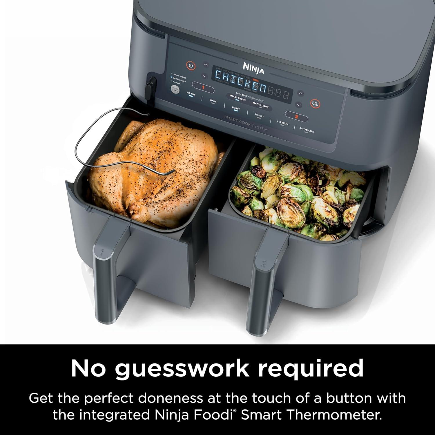 imageNinja DZ201 Foodi 8 Quart 6in1 DualZone 2Basket Air Fryer with 2 Independent Frying Baskets Match Cook ampamp Smart Finish to Roast Broil Dehydrate ampamp More for Quick Easy Meals Grey10QT wThermometer GREY