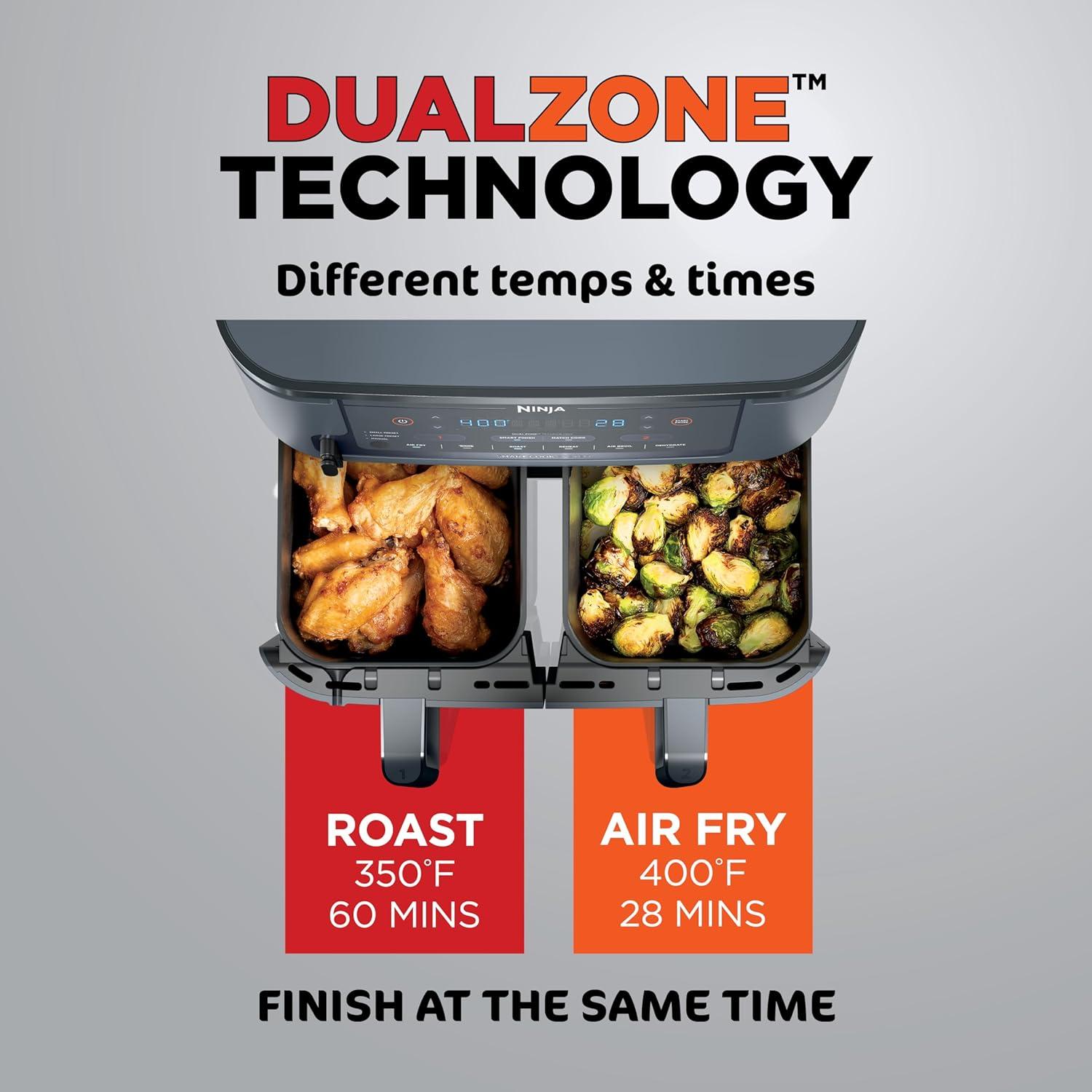 imageNinja DZ201 Foodi 8 Quart 6in1 DualZone 2Basket Air Fryer with 2 Independent Frying Baskets Match Cook ampamp Smart Finish to Roast Broil Dehydrate ampamp More for Quick Easy Meals Grey10QT wThermometer GREY