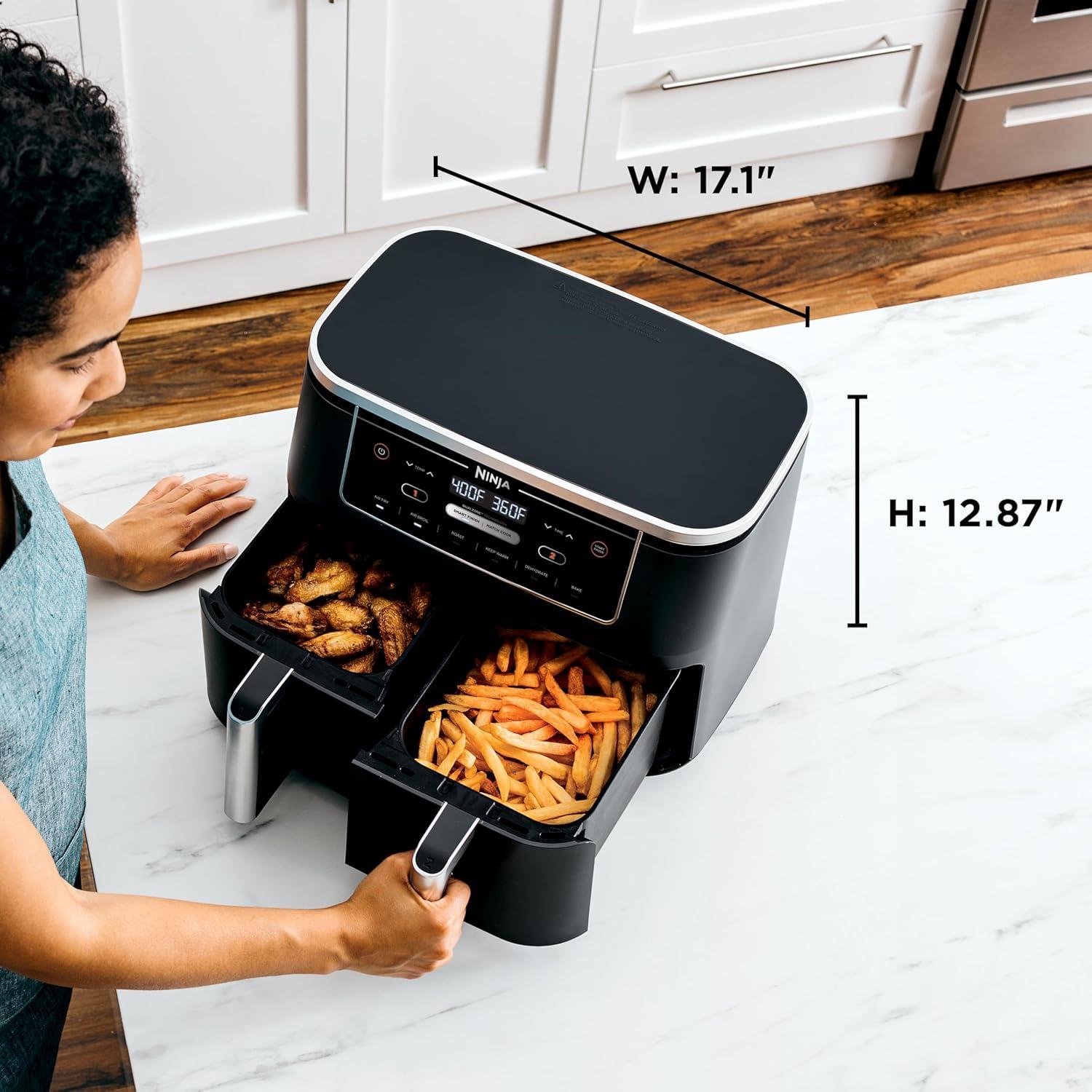 imageNinja DZ201 Foodi 8 Quart 6in1 DualZone 2Basket Air Fryer with 2 Independent Frying Baskets Match Cook ampamp Smart Finish to Roast Broil Dehydrate ampamp More for Quick Easy Meals Grey10QT BLACK
