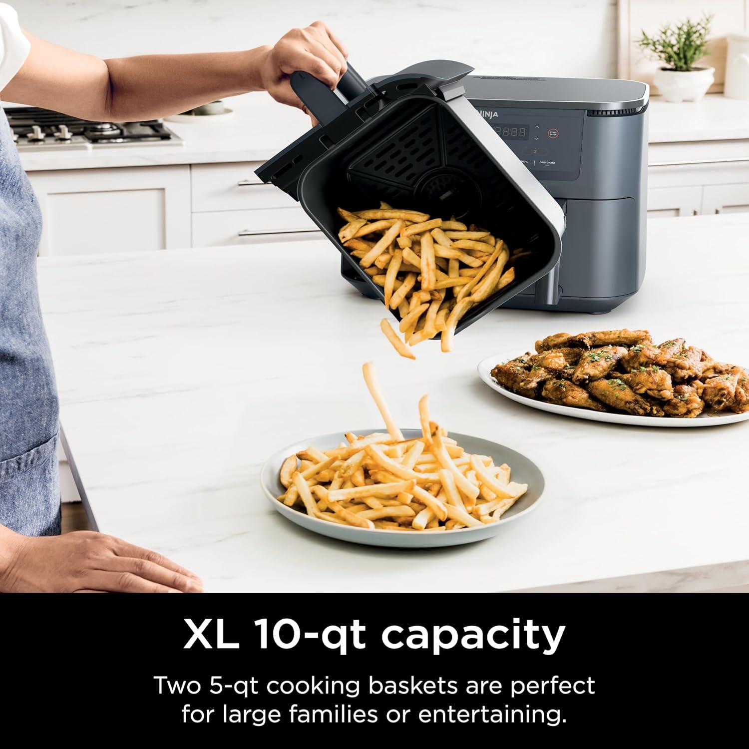 imageNinja DZ201 Foodi 8 Quart 6in1 DualZone 2Basket Air Fryer with 2 Independent Frying Baskets Match Cook ampamp Smart Finish to Roast Broil Dehydrate ampamp More for Quick Easy Meals Grey10QT wThermometer GREY