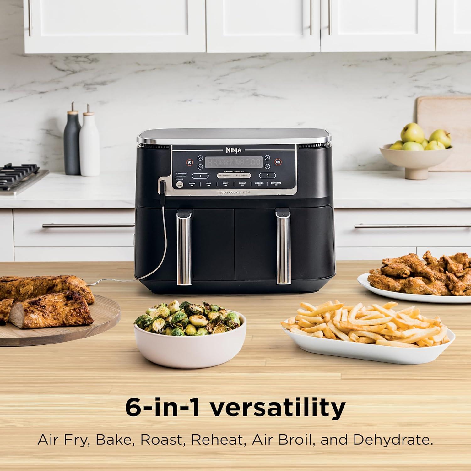 imageNinja DZ201 Foodi 8 Quart 6in1 DualZone 2Basket Air Fryer with 2 Independent Frying Baskets Match Cook ampamp Smart Finish to Roast Broil Dehydrate ampamp More for Quick Easy Meals Grey10QT wThermometer BLACK