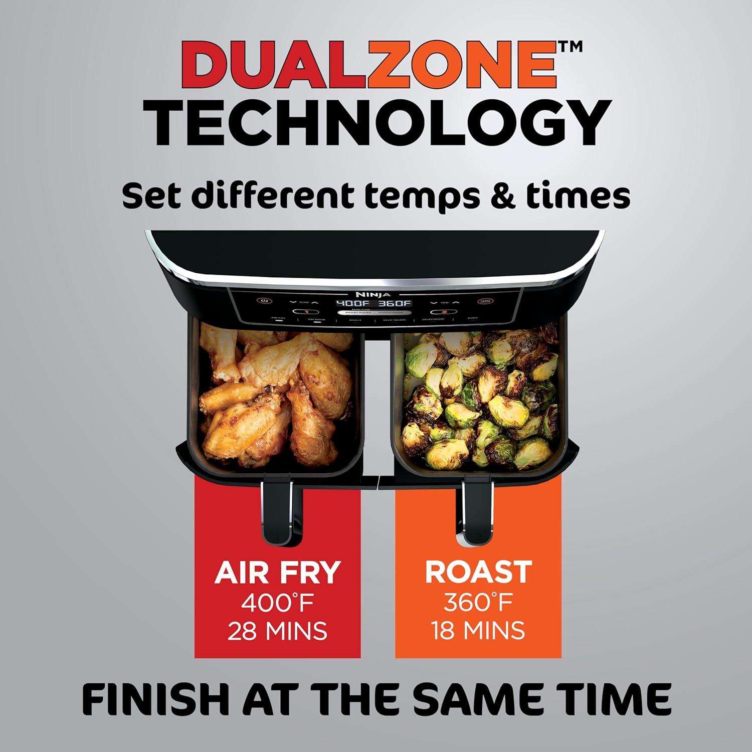 imageNinja DZ201 Foodi 8 Quart 6in1 DualZone 2Basket Air Fryer with 2 Independent Frying Baskets Match Cook ampamp Smart Finish to Roast Broil Dehydrate ampamp More for Quick Easy Meals Grey10QT BLACK
