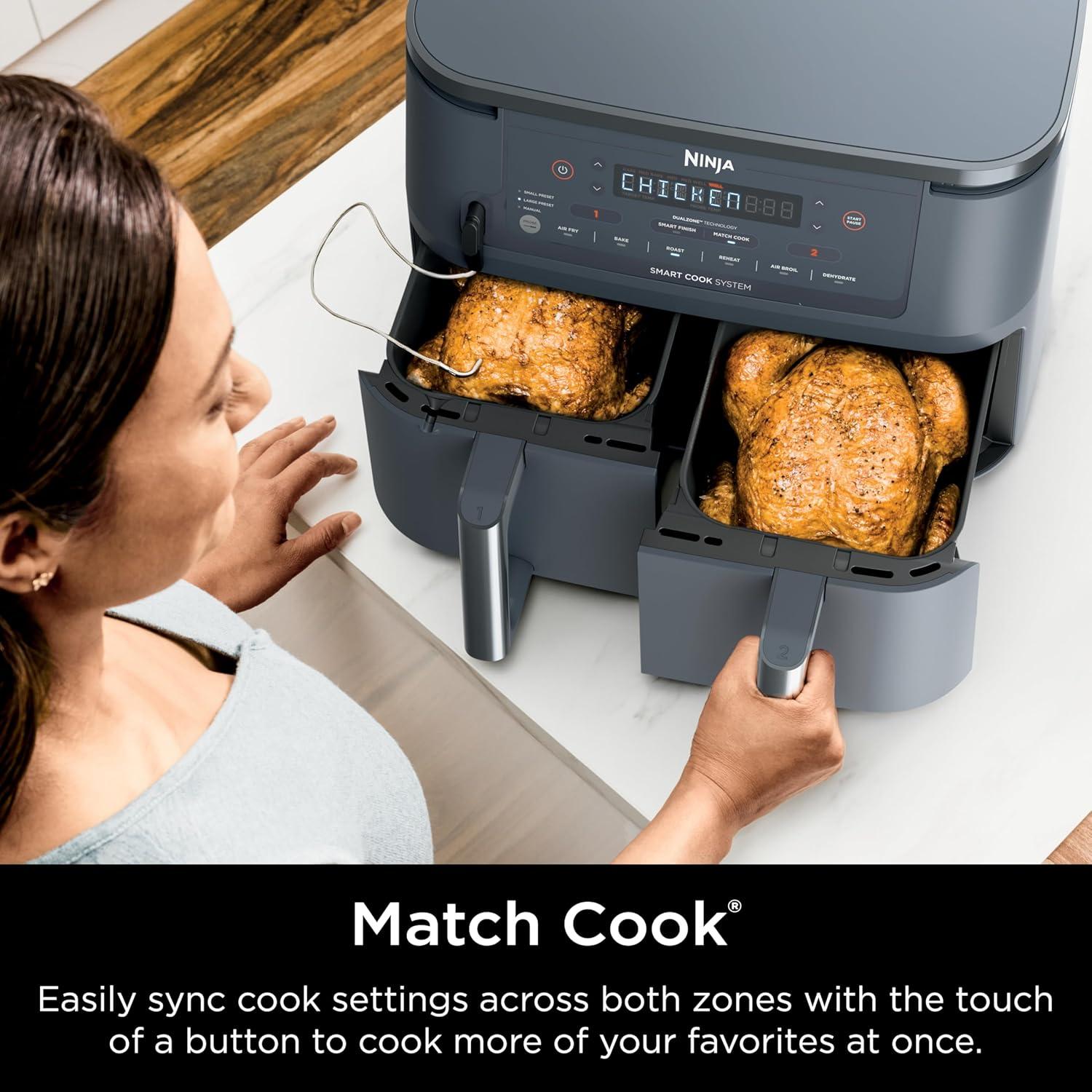 imageNinja DZ201 Foodi 8 Quart 6in1 DualZone 2Basket Air Fryer with 2 Independent Frying Baskets Match Cook ampamp Smart Finish to Roast Broil Dehydrate ampamp More for Quick Easy Meals Grey10QT wThermometer GREY