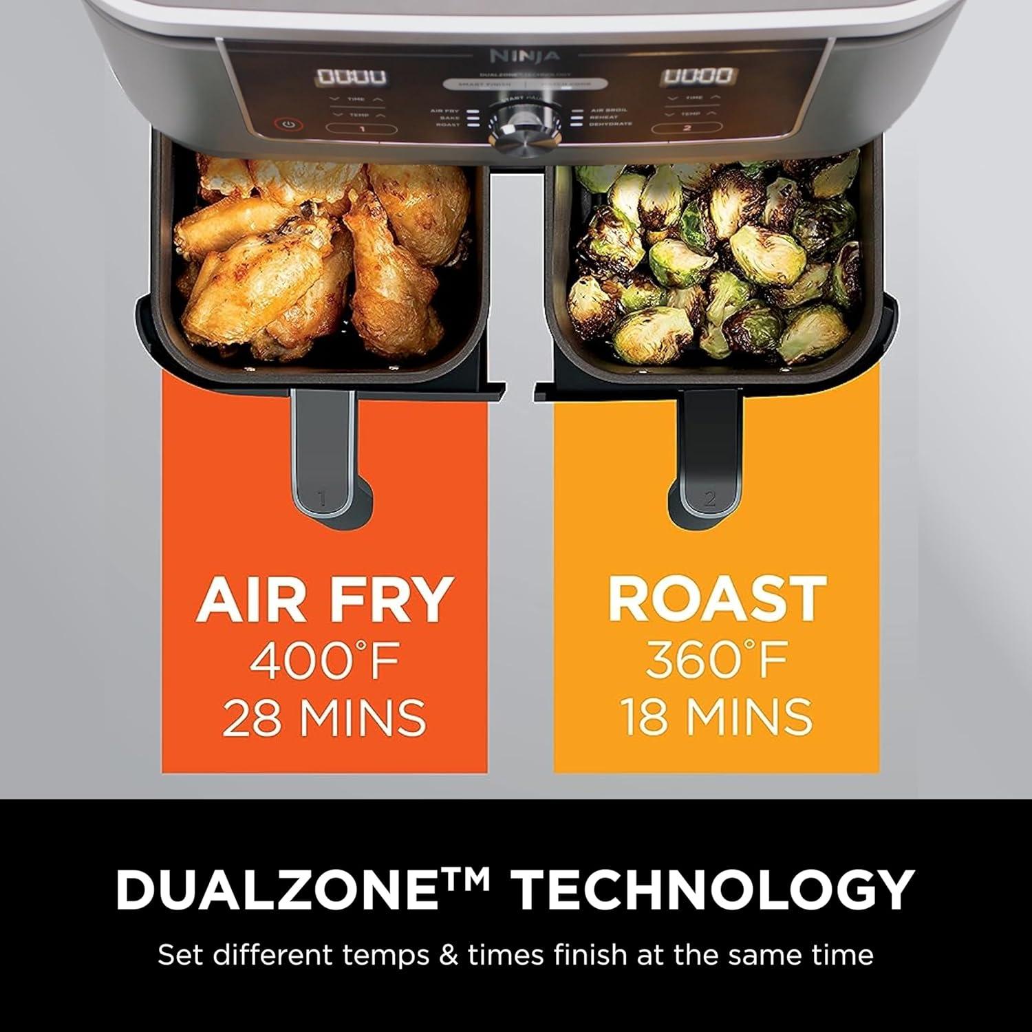 imageNinja DZ201 Foodi 8 Quart 6in1 DualZone 2Basket Air Fryer with 2 Independent Frying Baskets Match Cook ampamp Smart Finish to Roast Broil Dehydrate ampamp More for Quick Easy Meals Grey10QT GREY