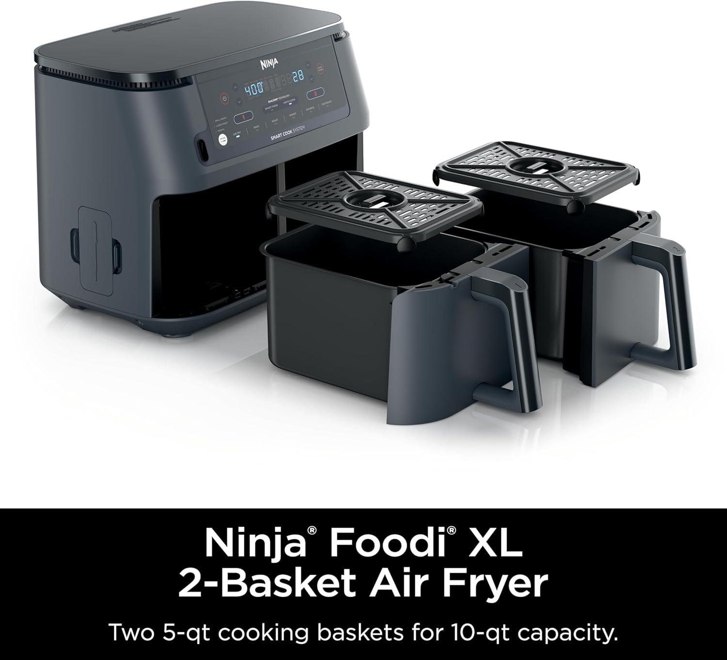 imageNinja DZ201 Foodi 8 Quart 6in1 DualZone 2Basket Air Fryer with 2 Independent Frying Baskets Match Cook ampamp Smart Finish to Roast Broil Dehydrate ampamp More for Quick Easy Meals Grey10QT wThermometer GREY