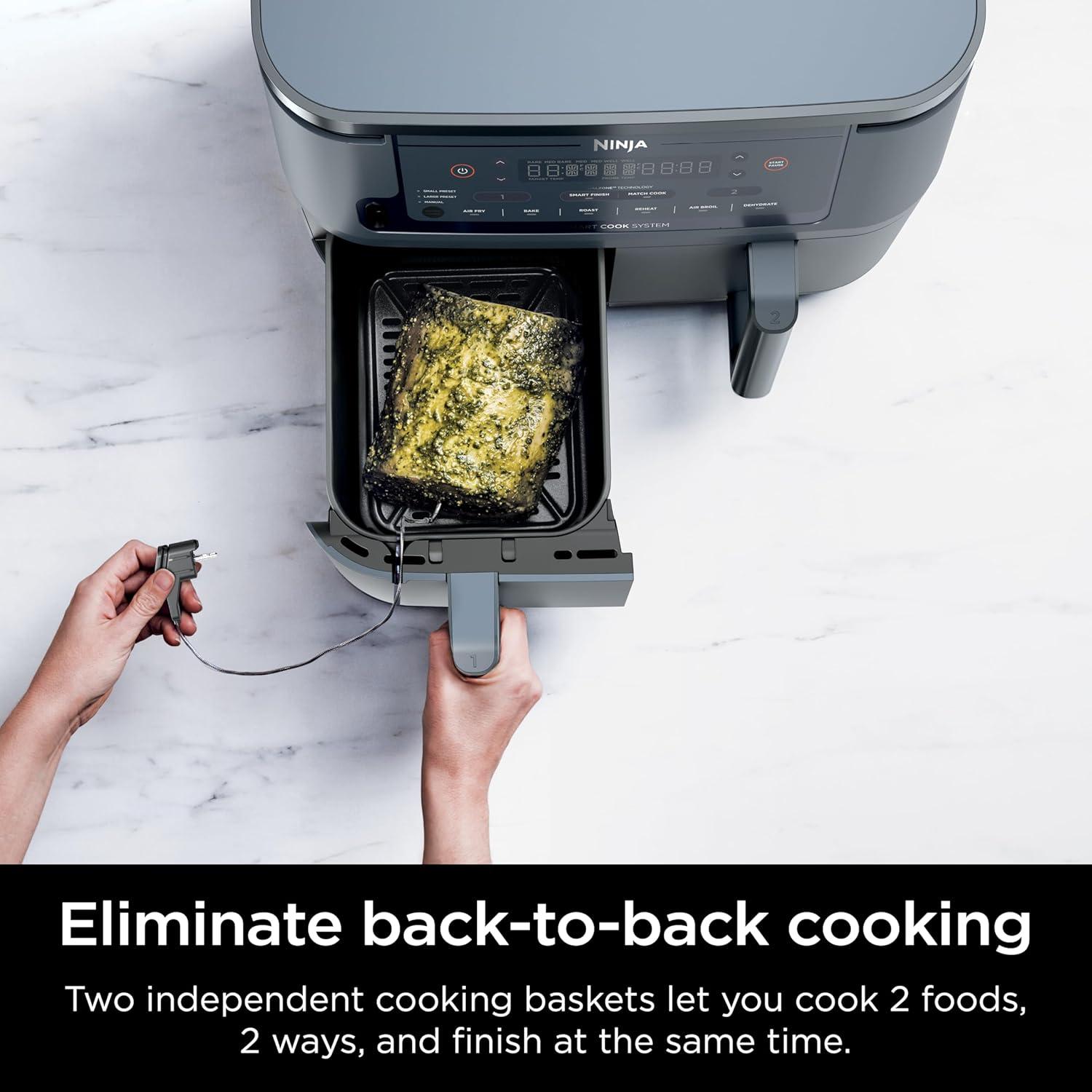 imageNinja DZ201 Foodi 8 Quart 6in1 DualZone 2Basket Air Fryer with 2 Independent Frying Baskets Match Cook ampamp Smart Finish to Roast Broil Dehydrate ampamp More for Quick Easy Meals Grey10QT wThermometer GREY