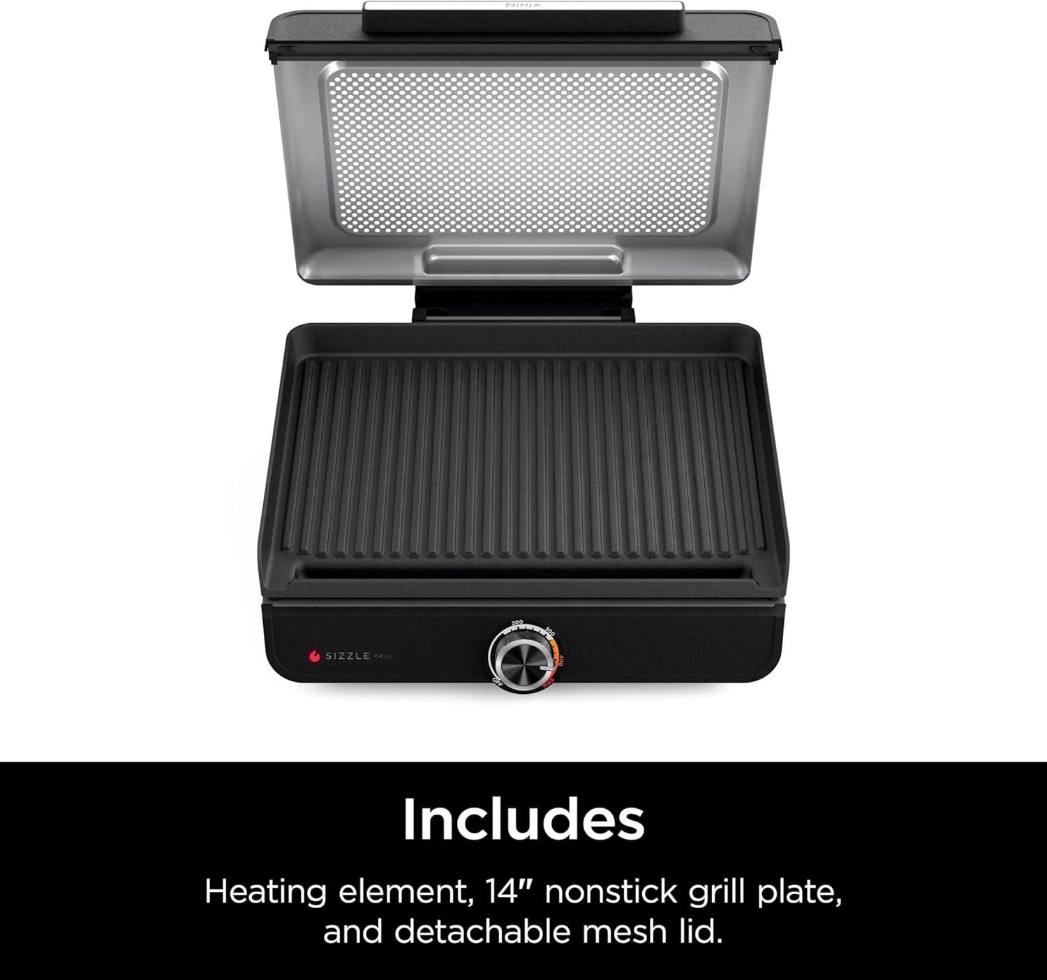imageNinja GR100 Sizzle Smokeless Indoor Grill with Nonstick Grill Plate DishwasherSafe Removable Mesh Lid 500F Max Heat Even EdgetoEdge Cooking Black RenewedSizzle Indoor Grill