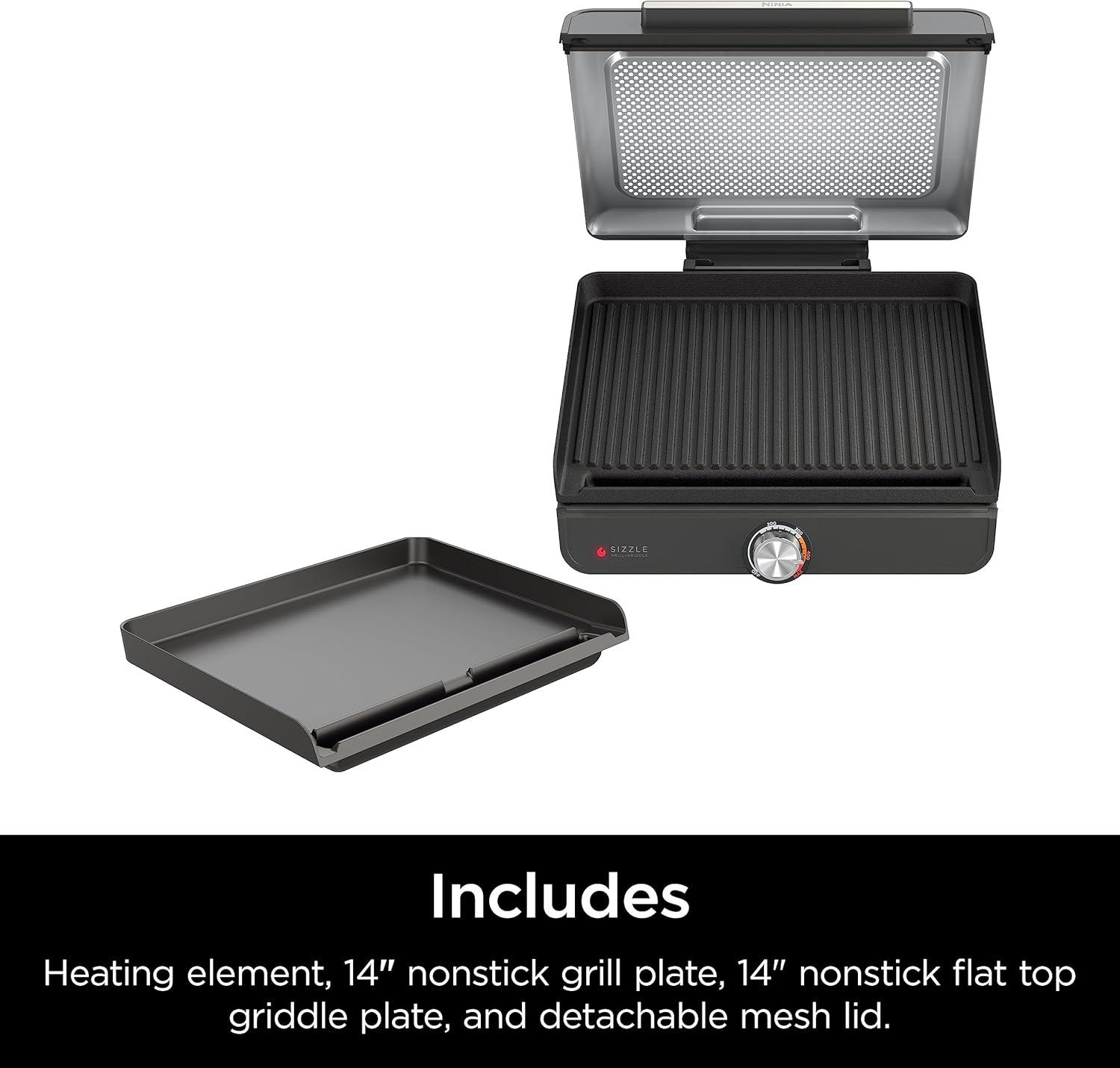 imageNinja GR101 Sizzle Smokeless Indoor Grill ampamp Griddle 14 Interchangeable Nonstick Plates DishwasherSafe Removable Mesh Lid 500F Max Heat Even EdgetoEdge Cooking GreySilver RenewedSizzle Indoor Grill Griddle