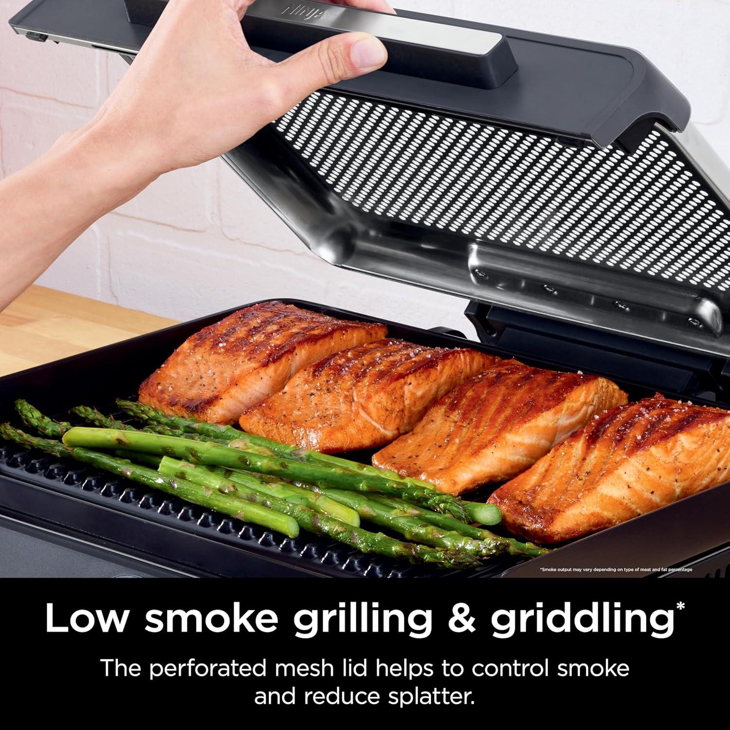 imageNinja GR101 Sizzle Smokeless Indoor Grill ampamp Griddle 14 Interchangeable Nonstick Plates DishwasherSafe Removable Mesh Lid 500F Max Heat Even EdgetoEdge Cooking GreySilver RenewedSizzle Indoor Grill Griddle