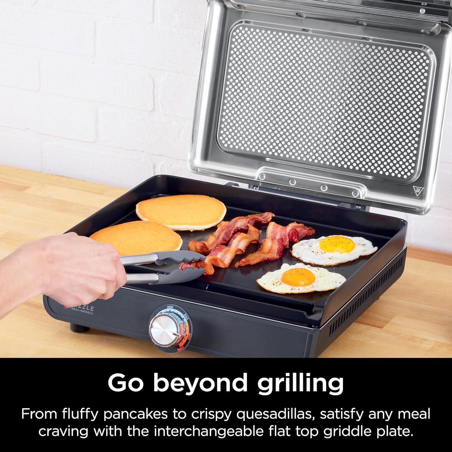 imageNinja GR101 Sizzle Smokeless Indoor Grill ampamp Griddle 14 Interchangeable Nonstick Plates DishwasherSafe Removable Mesh Lid 500F Max Heat Even EdgetoEdge Cooking GreySilver RenewedSizzle Indoor Grill Griddle