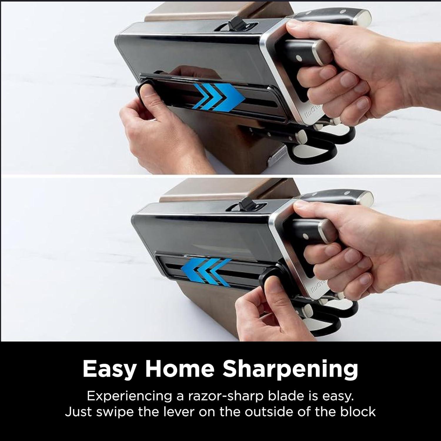 imageNinja K52015 Foodi NeverDull 15 Piece Premium Knife System Wood Series Block German Stainless Steel with Builtin Sharpener Stainless SteelWalnut15pc Set Wood