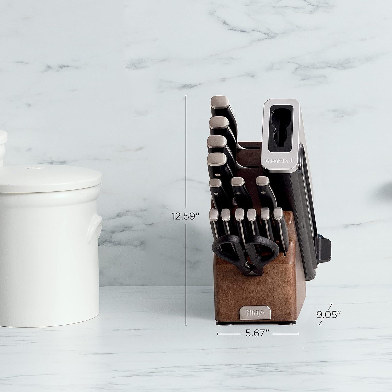 imageNinja K52015 Foodi NeverDull 15 Piece Premium Knife System Wood Series Block German Stainless Steel with Builtin Sharpener Stainless SteelWalnut15pc Set Wood