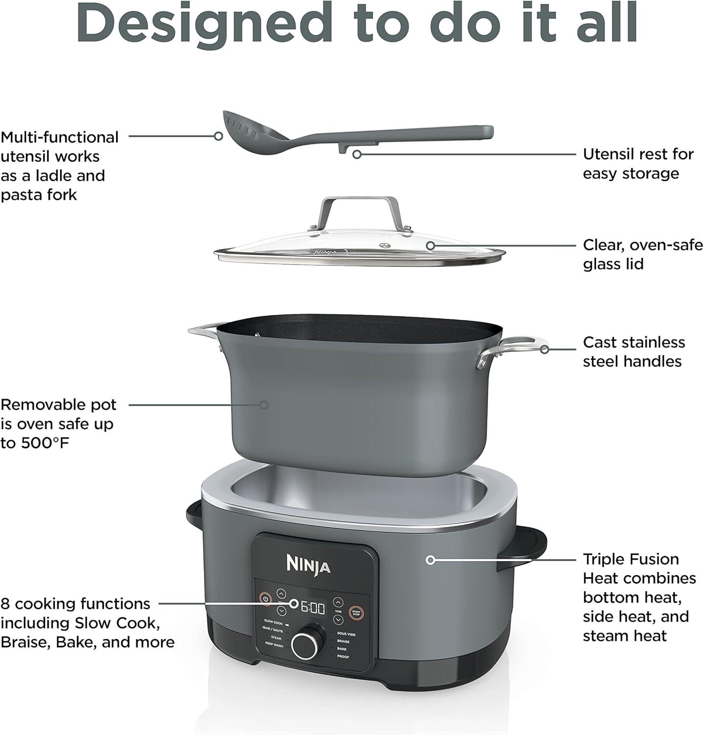 imageNinja MC1001 Foodi PossibleCooker PRO 85 Quart MultiCooker with 8in1 Slow Cooker Dutch Oven Steamer Glass Lid Integrated Spoon Nonstick Oven Safe Pot to 500F Sea Salt GraySea Salt Gray