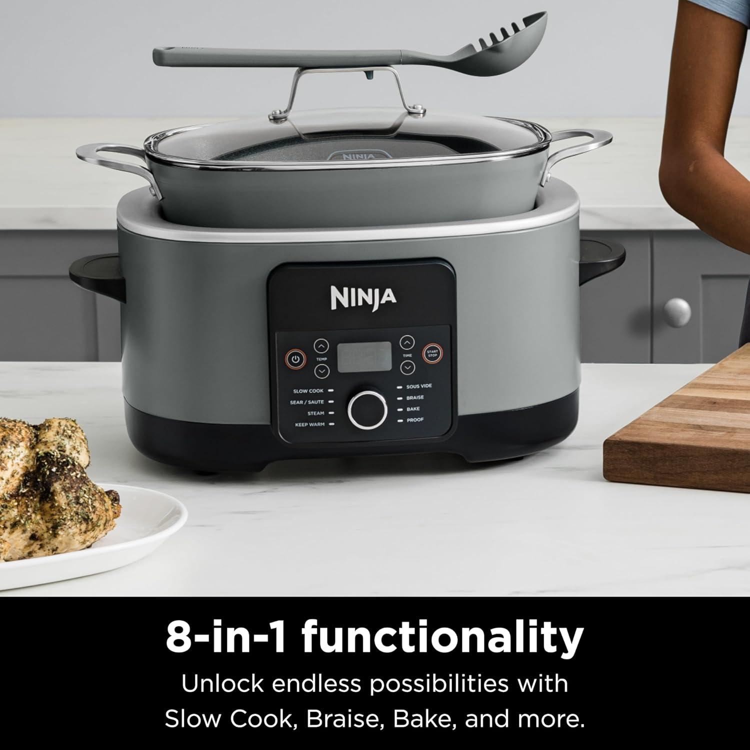 imageNinja MC1001 Foodi PossibleCooker PRO 85 Quart MultiCooker with 8in1 Slow Cooker Dutch Oven Steamer Glass Lid Integrated Spoon Nonstick Oven Safe Pot to 500F Sea Salt GraySea Salt Gray
