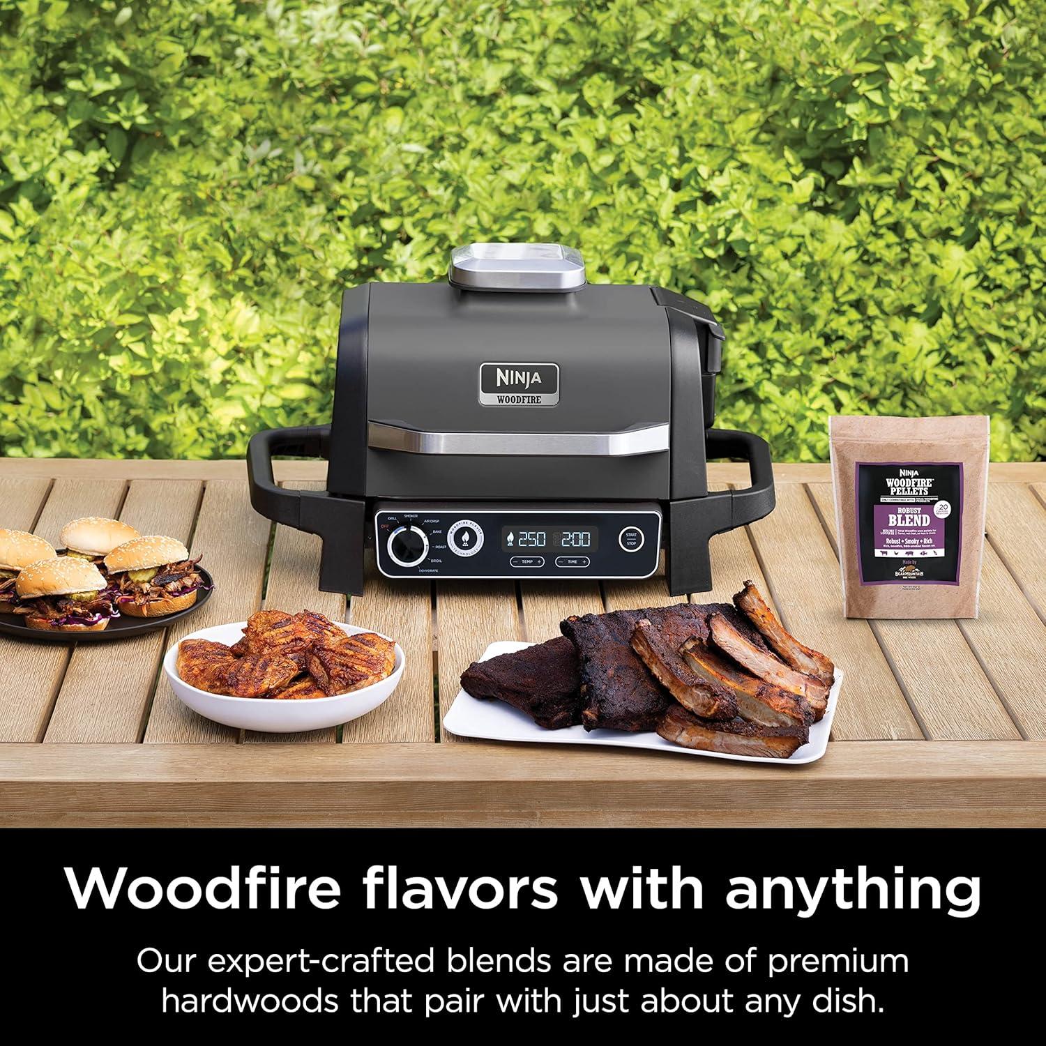 imageNinja OG751 Woodfire Pro Outdoor Grill with BuiltIn Thermometer 7in1 Master Grill BBQ SmokerampampOutdoor Air Fryer plus BakeRoast DehydrateampampBroilWoodfire Technologywith All Purpose Blend Pellets2lb Robust Sample Pellets