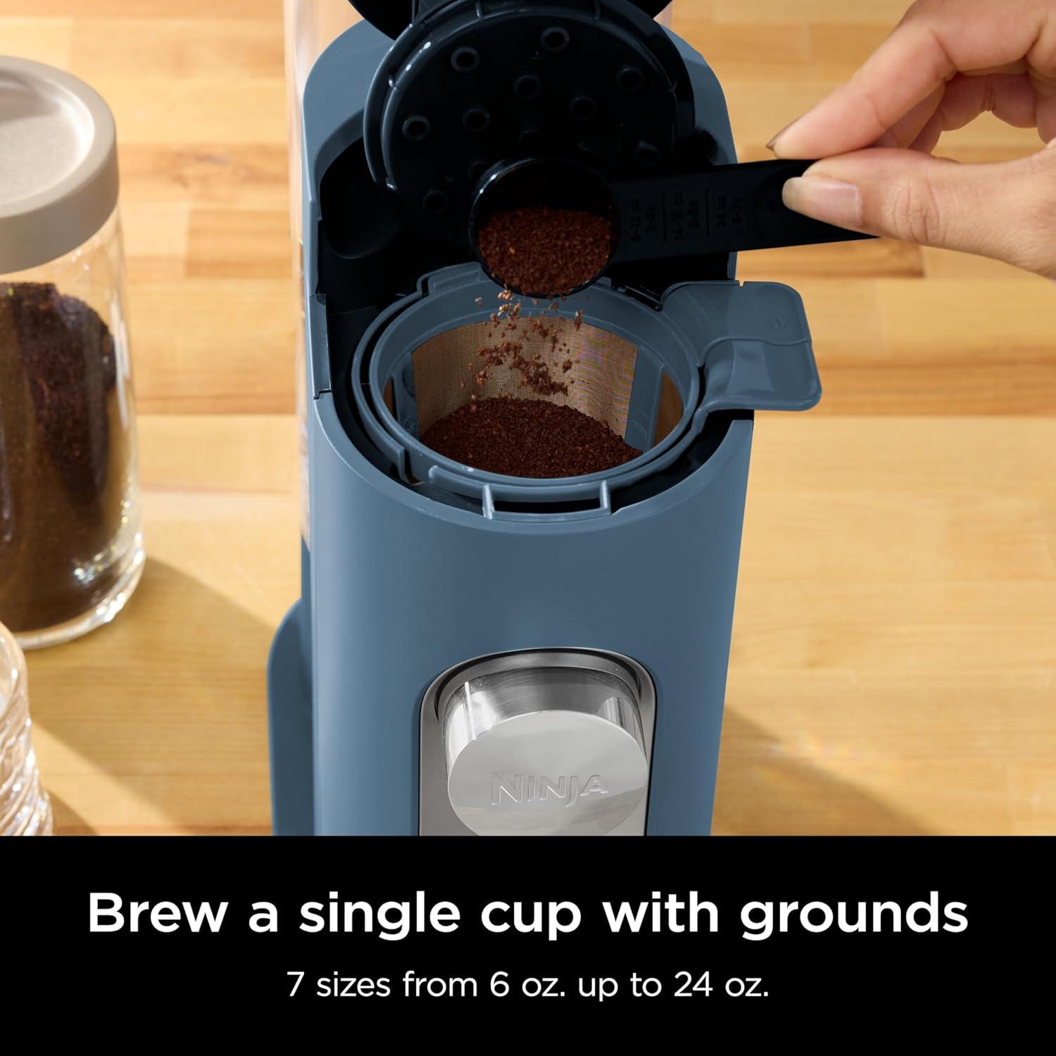 imageNinja Pods ampamp Grounds SingleServe Coffee Maker KCup Pod Compatible Brews Grounds Compact Design 56oz Reservoir 6oz Cup to 24oz Travel Mug Brew Sizes Iced Coffee Maker Stone PB041STBlue