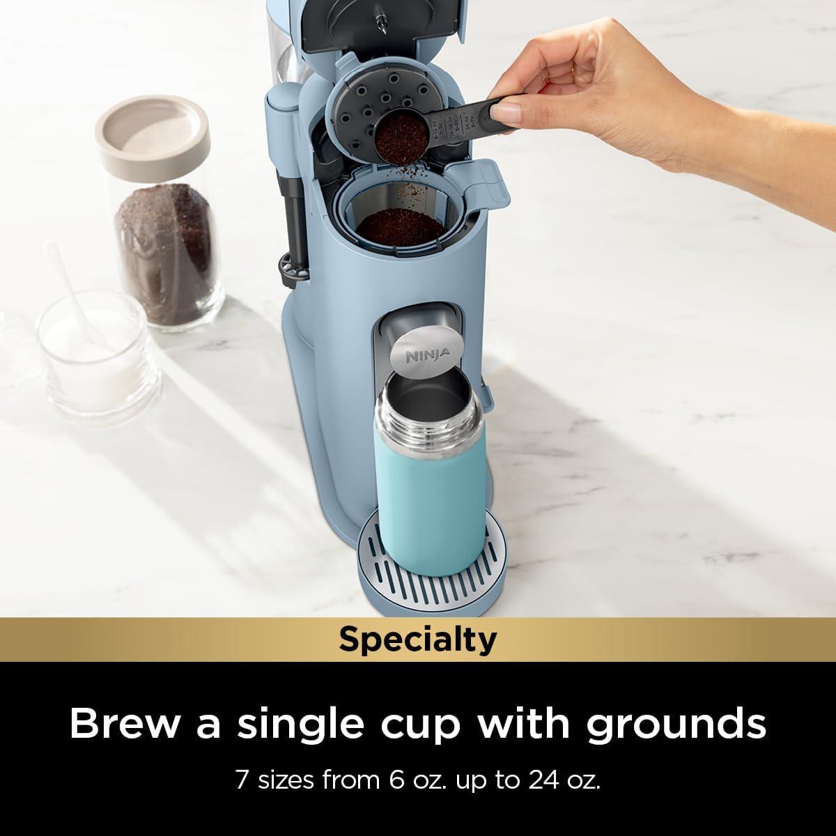imageNinja Pods ampamp Grounds Specialty SingleServe Coffee Maker KCup Pod Compatible BuiltIn Milk Frother 6oz Cup to 24oz Travel Mug Sizes Iced Coffee Maker Glacier Blue PB051GBXL Blue