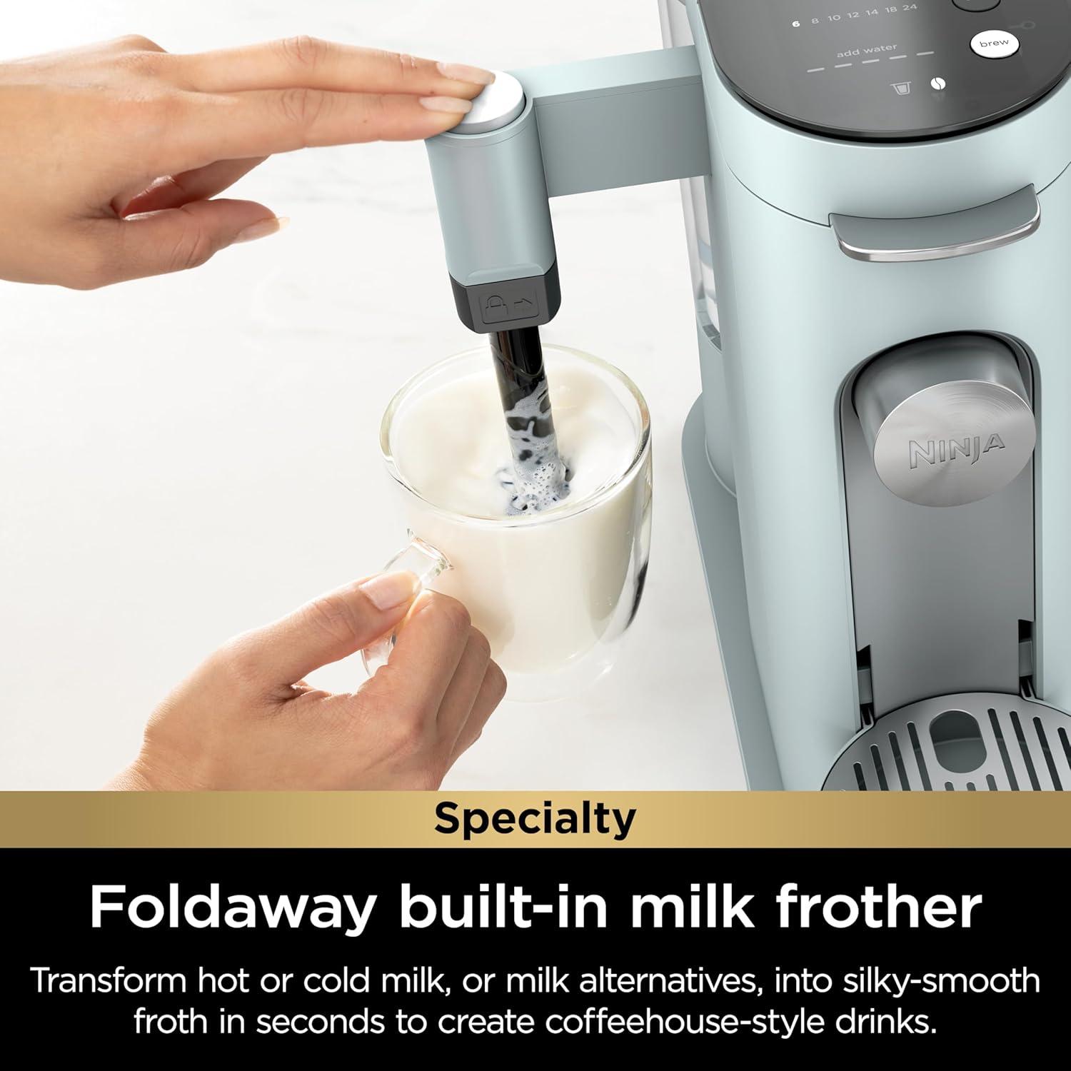 imageNinja Pods ampamp Grounds Specialty SingleServe Coffee Maker KCup Pod Compatible BuiltIn Milk Frother 6oz Cup to 24oz Travel Mug Sizes Iced Coffee Maker Glacier Blue PB051GBGlacier Blue