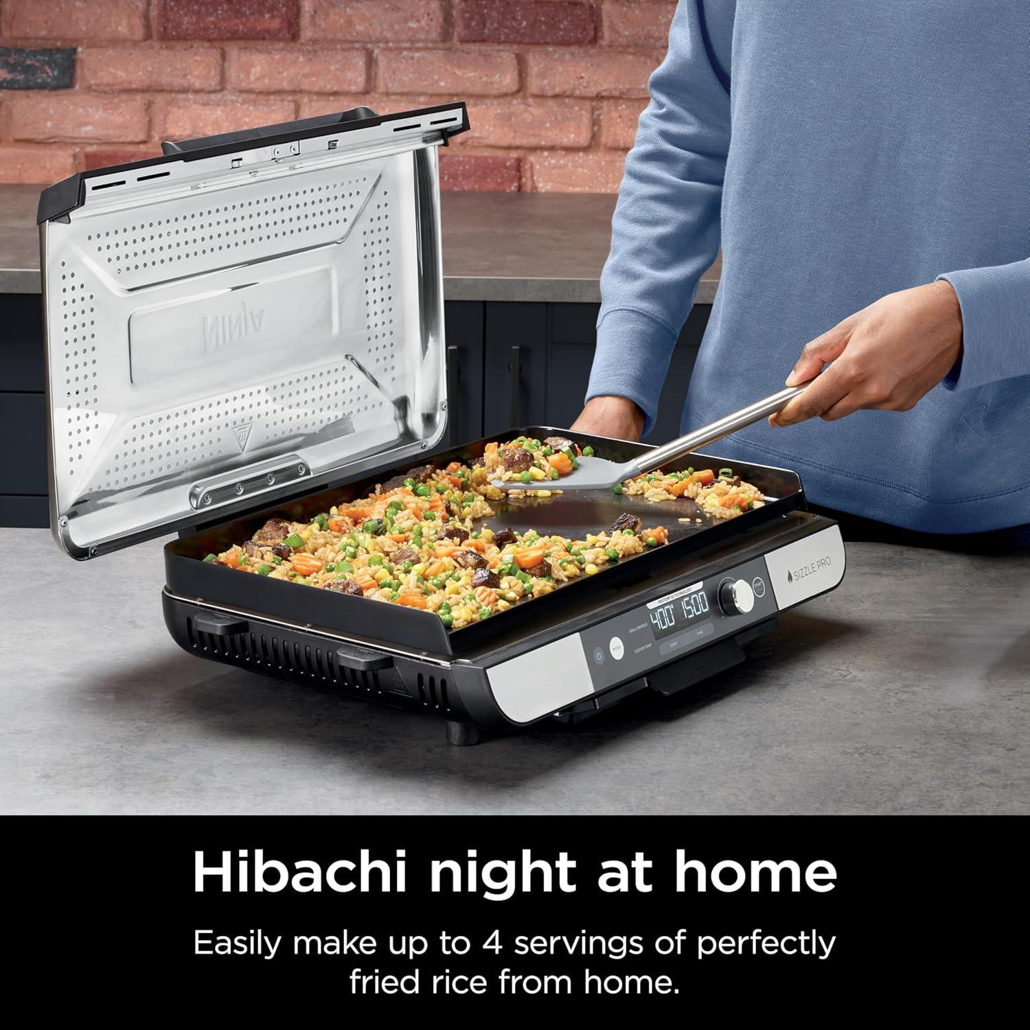 imageNinja Sizzle Pro XL 20Inch Indoor Griddle Grill Detachable Ventilated Lid Grease Control Ceramic Nonstick Plates Even EdgetoEdge Cooking Extra Large Capacity Versatile Silver GX101