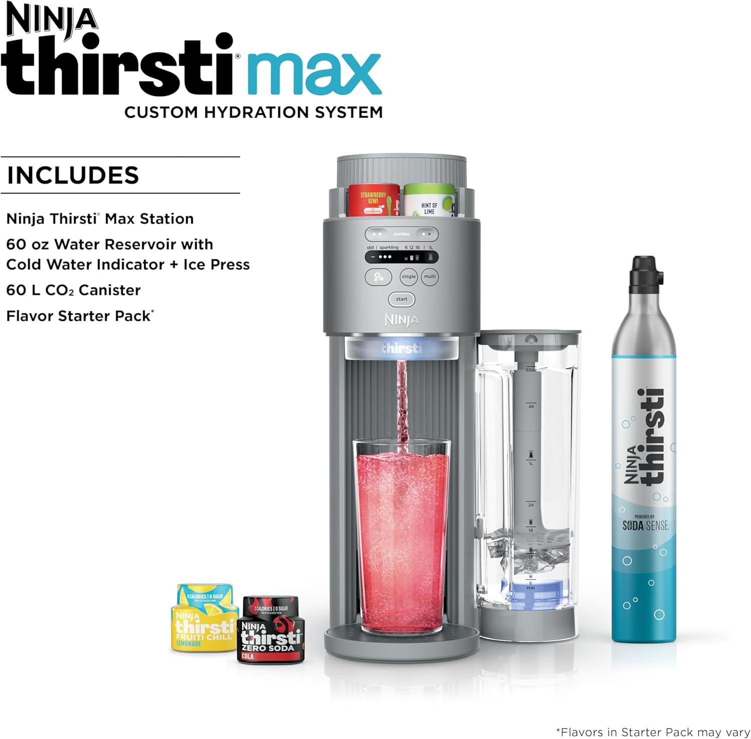 imageNinja Thirsti Max Custom Hydration System Soda Maker Sparkling Water Maker Custom Still ampamp Sparkling Drinks Compact Design With 60L CO Cylinder ampamp Flavored Water Drops Silver WC2002
